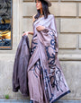Dusty Lavender Printed Satin Silk Saree