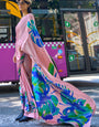 Baby Pink And blue Printed Satin Crepe Saree