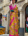 High Yellow Printed Satin Crepe Silk Saree