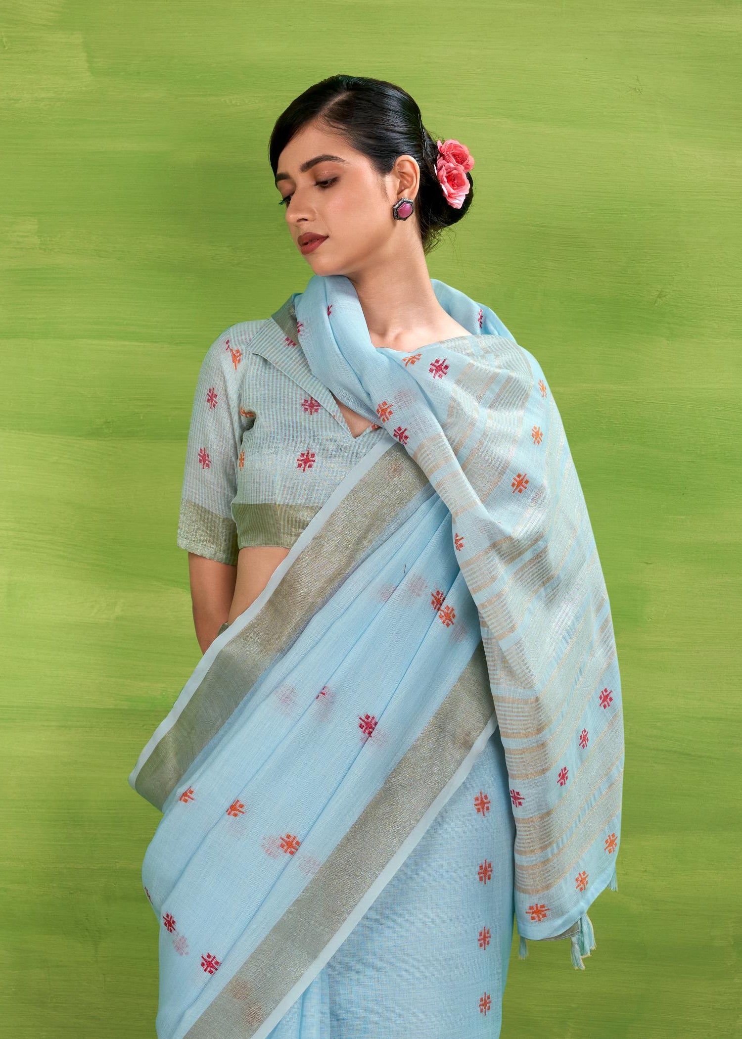 Cloudy Blue Woven Linen Cotton Soft Silk Saree
