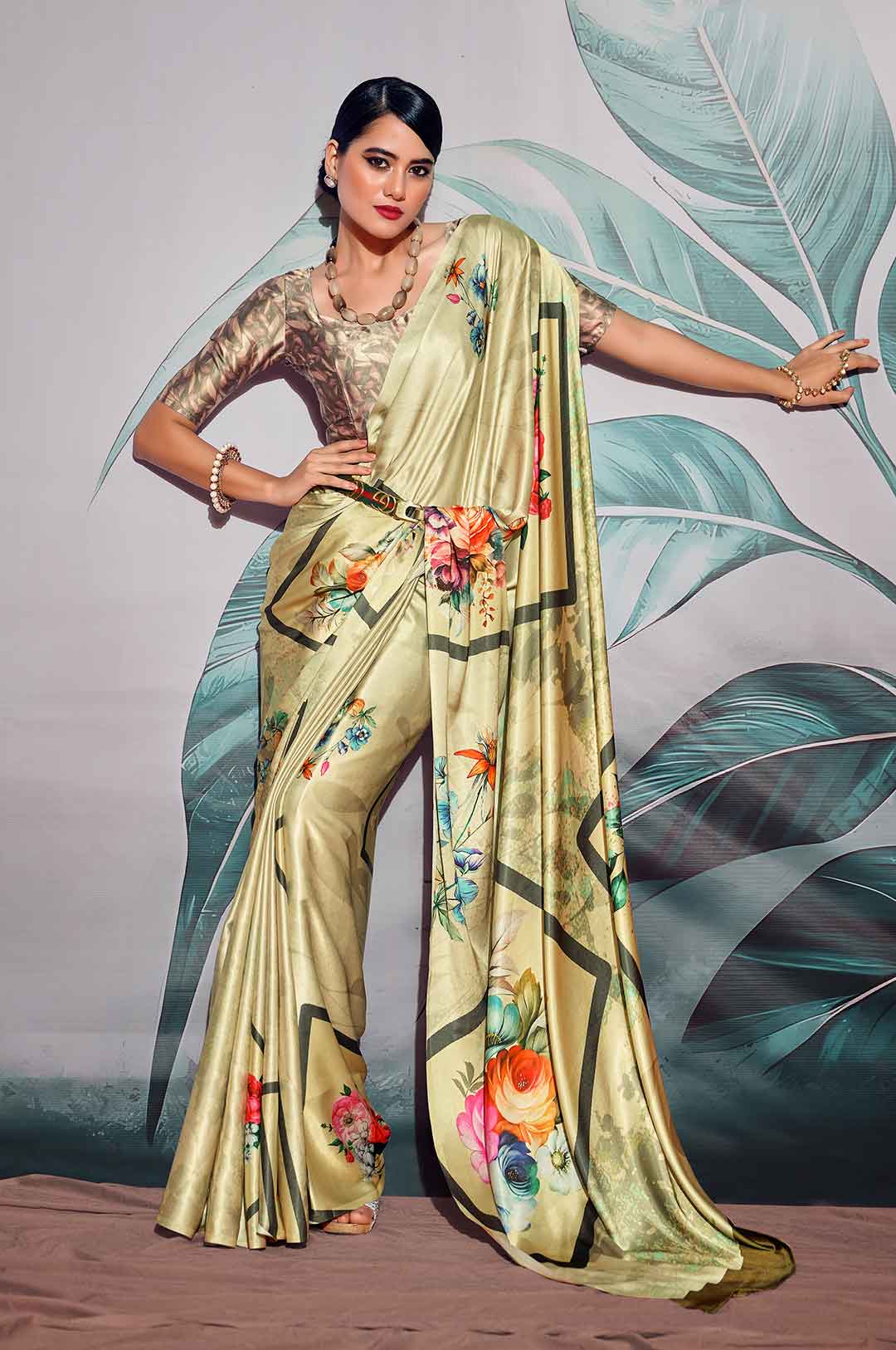 Lemon Yellow Printed Satin Crepe Saree