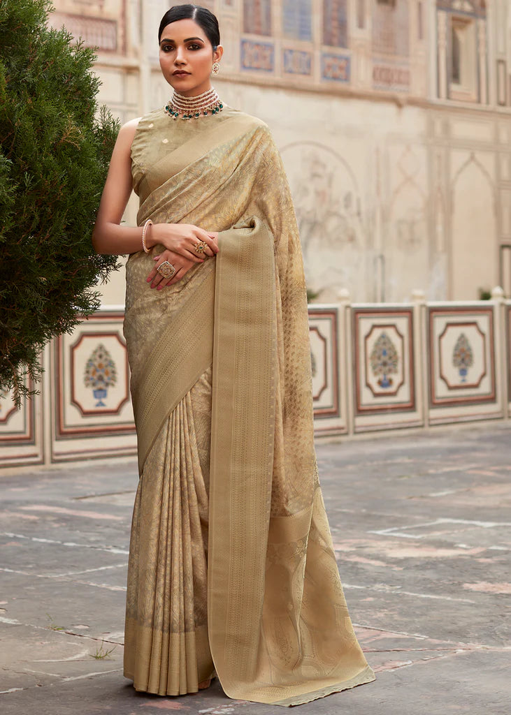 Twine Gold Banarasi Digital Printed Silk Saree