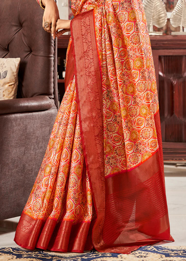 Luxurious Red Printed Satin Saree