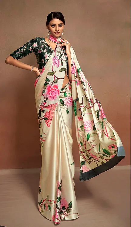 Cream Bollywood Style Soft Satin Crepe Saree