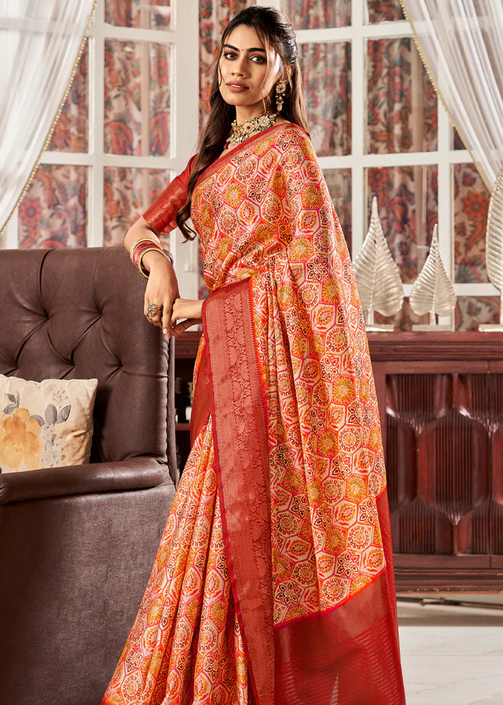 Luxurious Red Printed Satin Saree