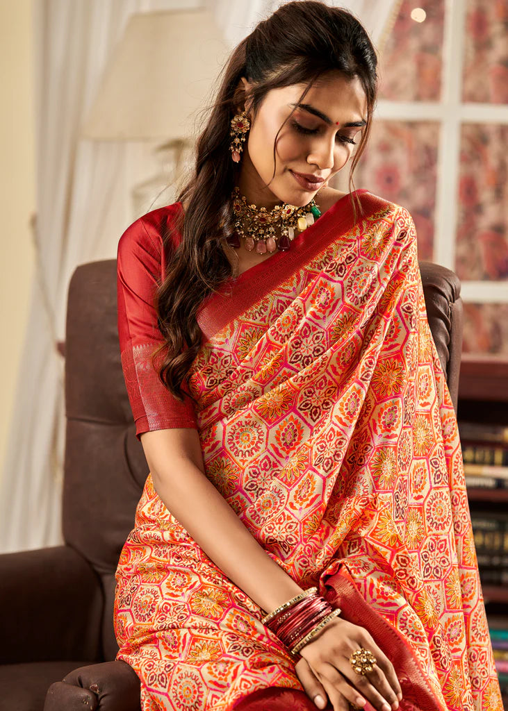 Luxurious Red Printed Satin Saree