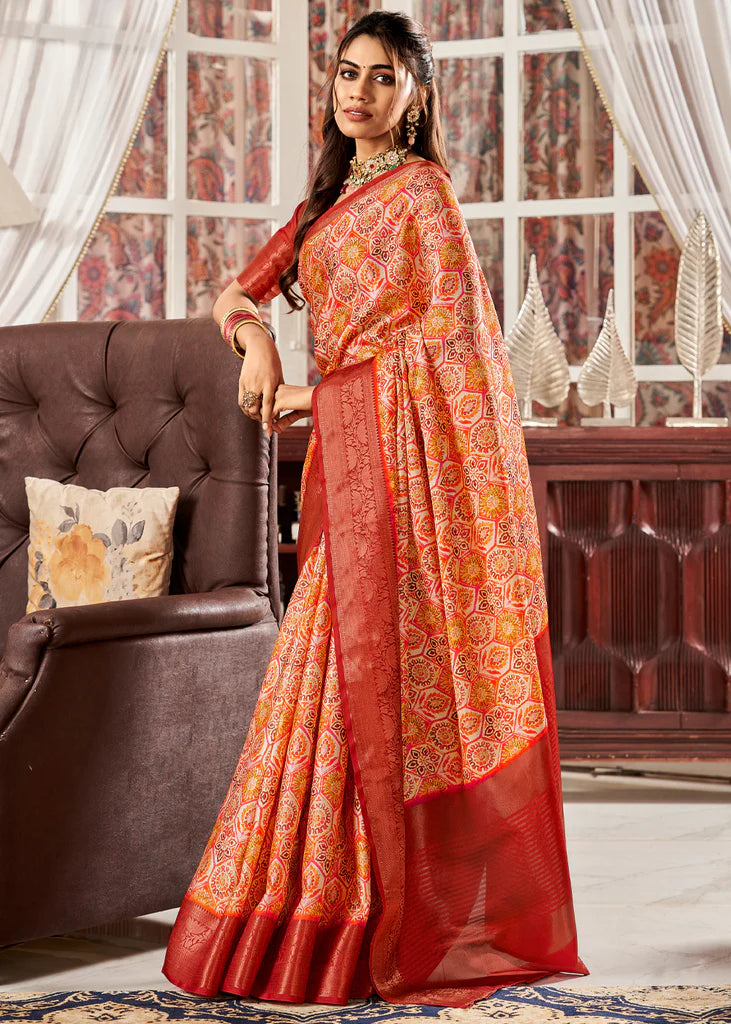 Luxurious Red Printed Satin Saree