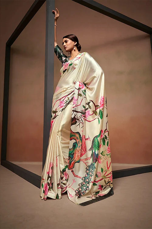 Cream Bollywood Style Soft Satin Crepe Saree