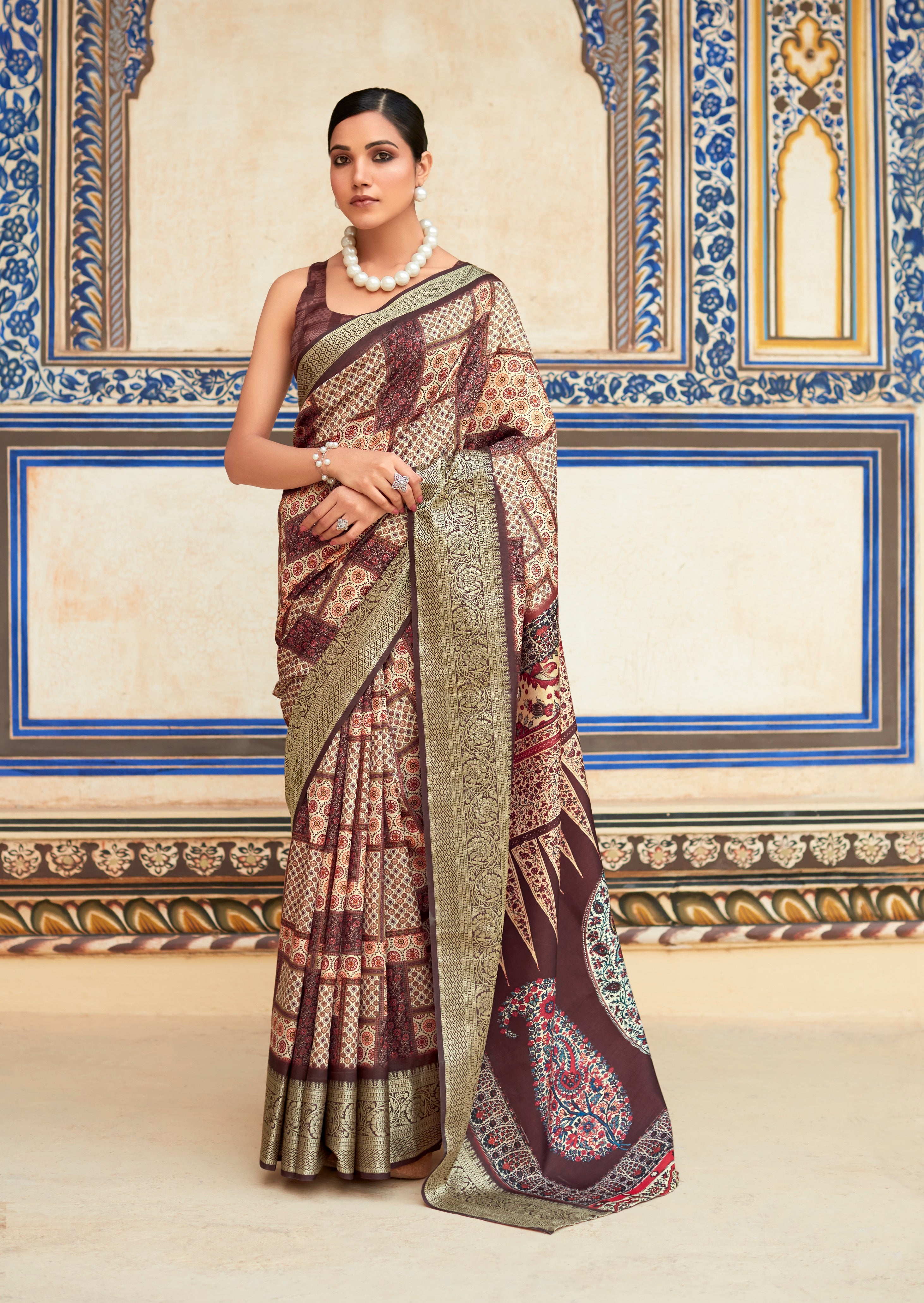 Brown Digital Printed Dola Silk Saree