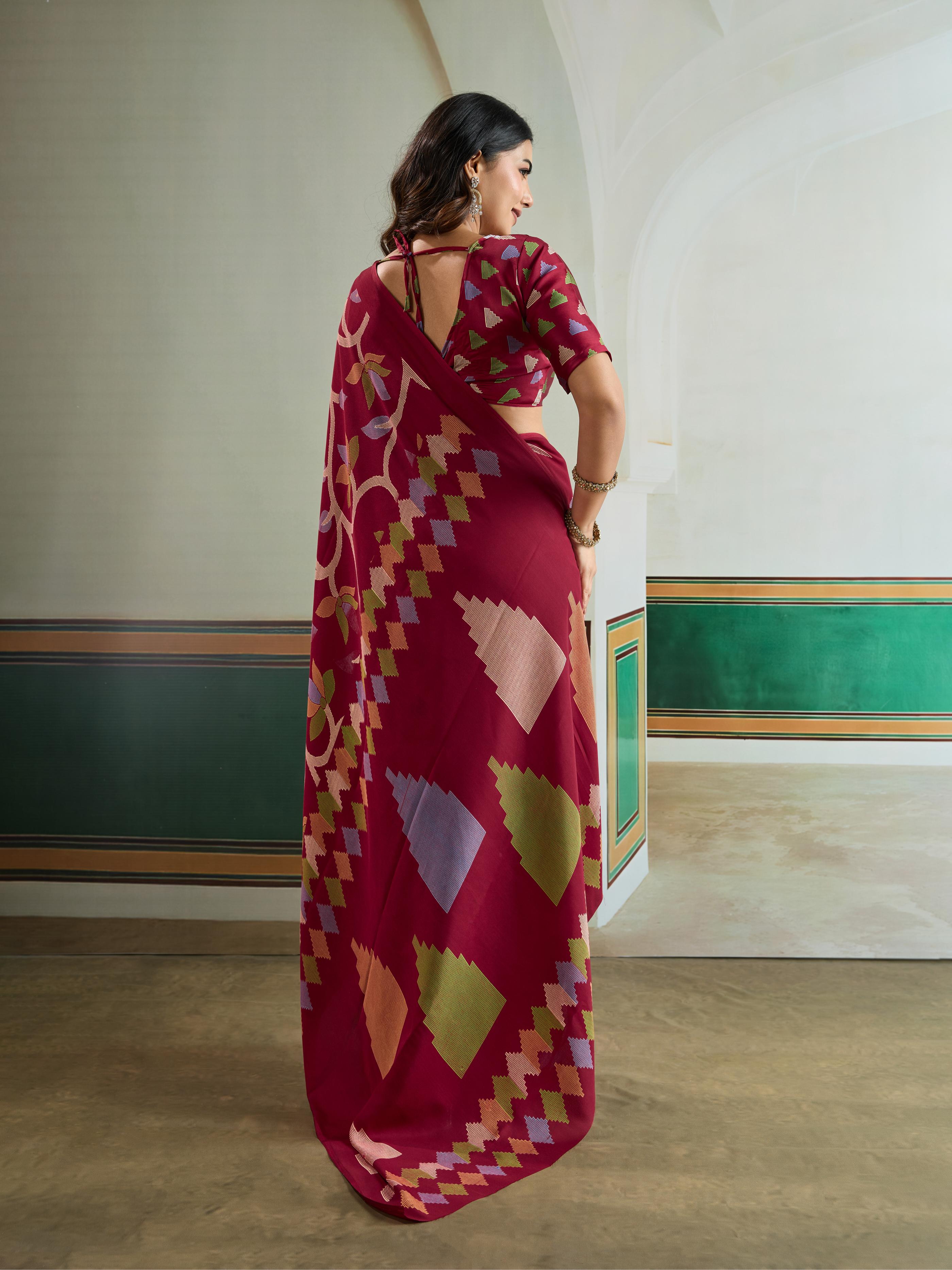 Claret Maroon Modal Ajrakh Printed Satin Silk Saree