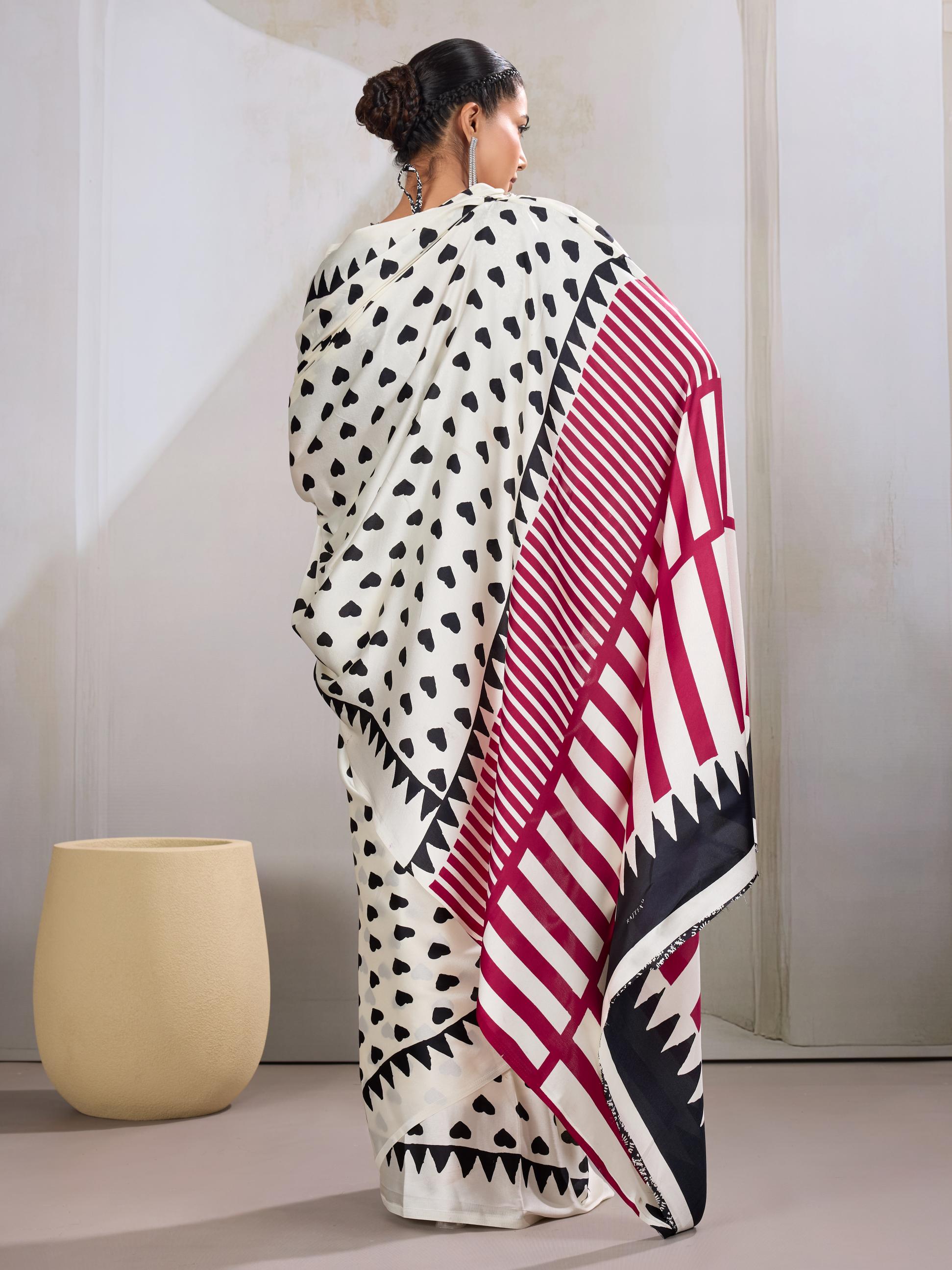 Powder White Ajrakh Printed Satin Crepe Silk Saree