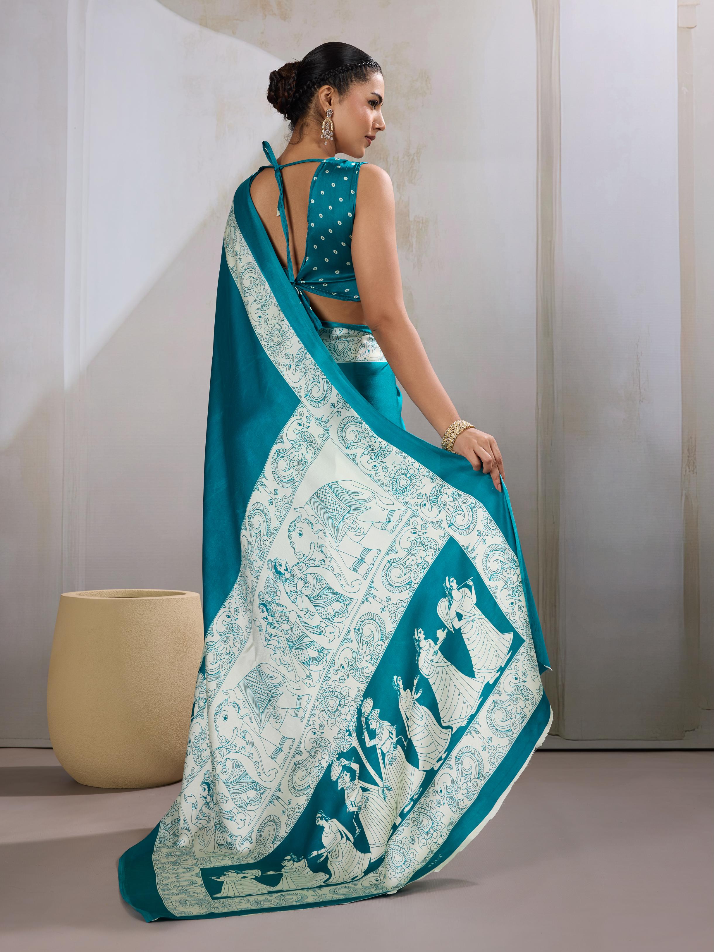 Arctic Rama Ajrakh Printed Satin Crepe Silk Saree