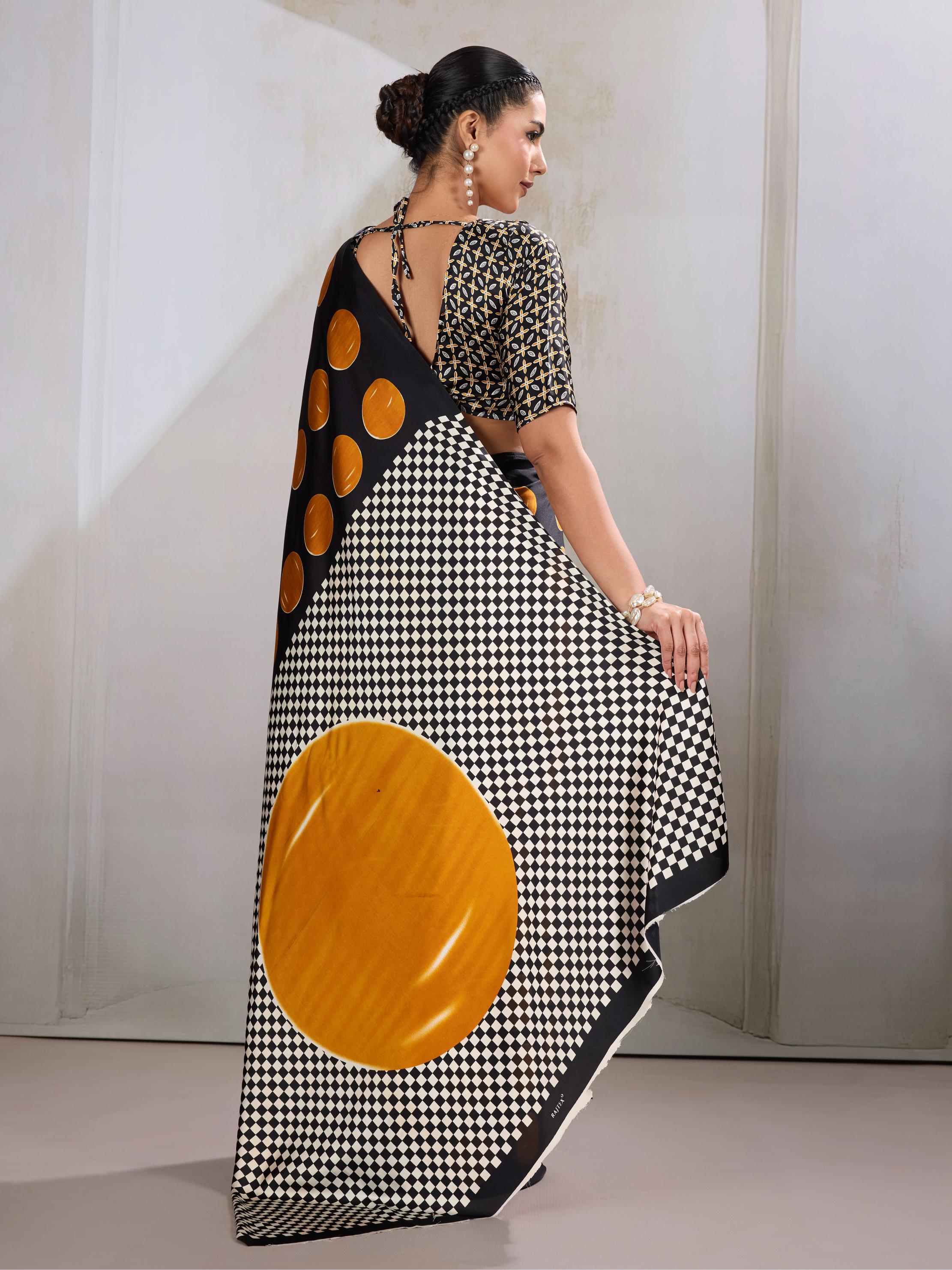 Royal Yellow Ajrakh Printed Satin Crepe Silk Saree