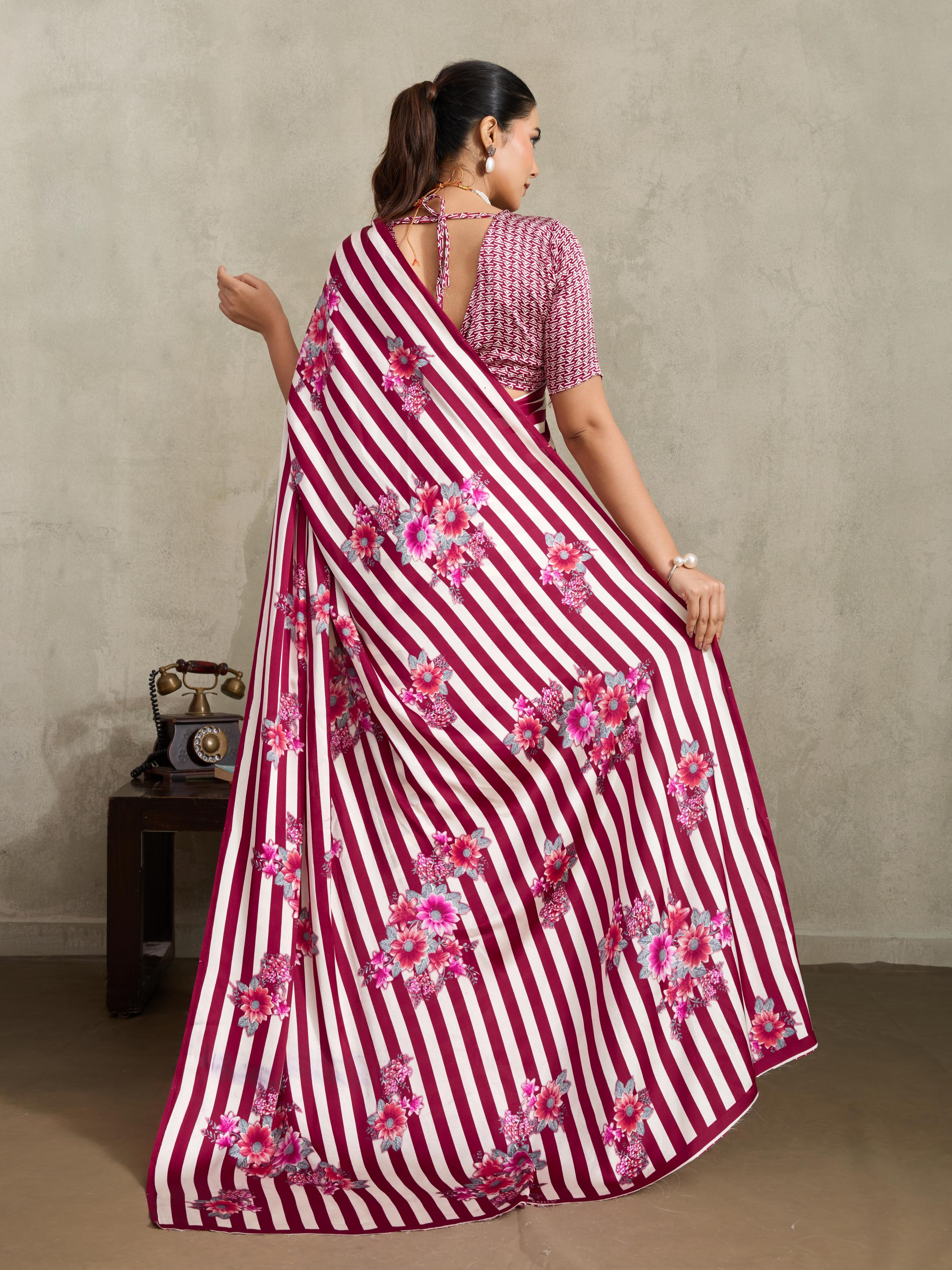 Jam Wine Ajrakh Printed Satin Crepe Soft Silk Saree With Blouse