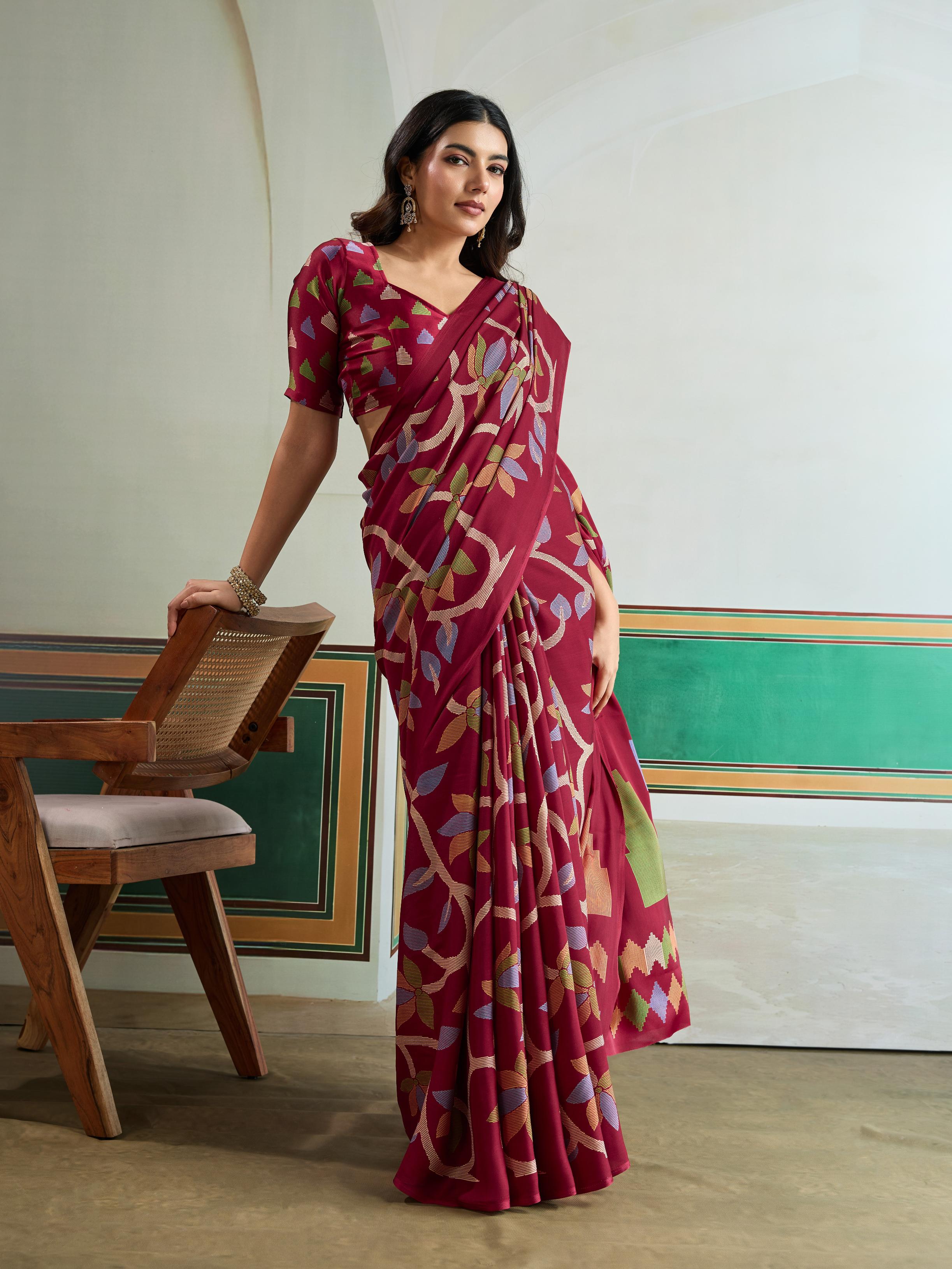 Claret Maroon Modal Ajrakh Printed Satin Silk Saree