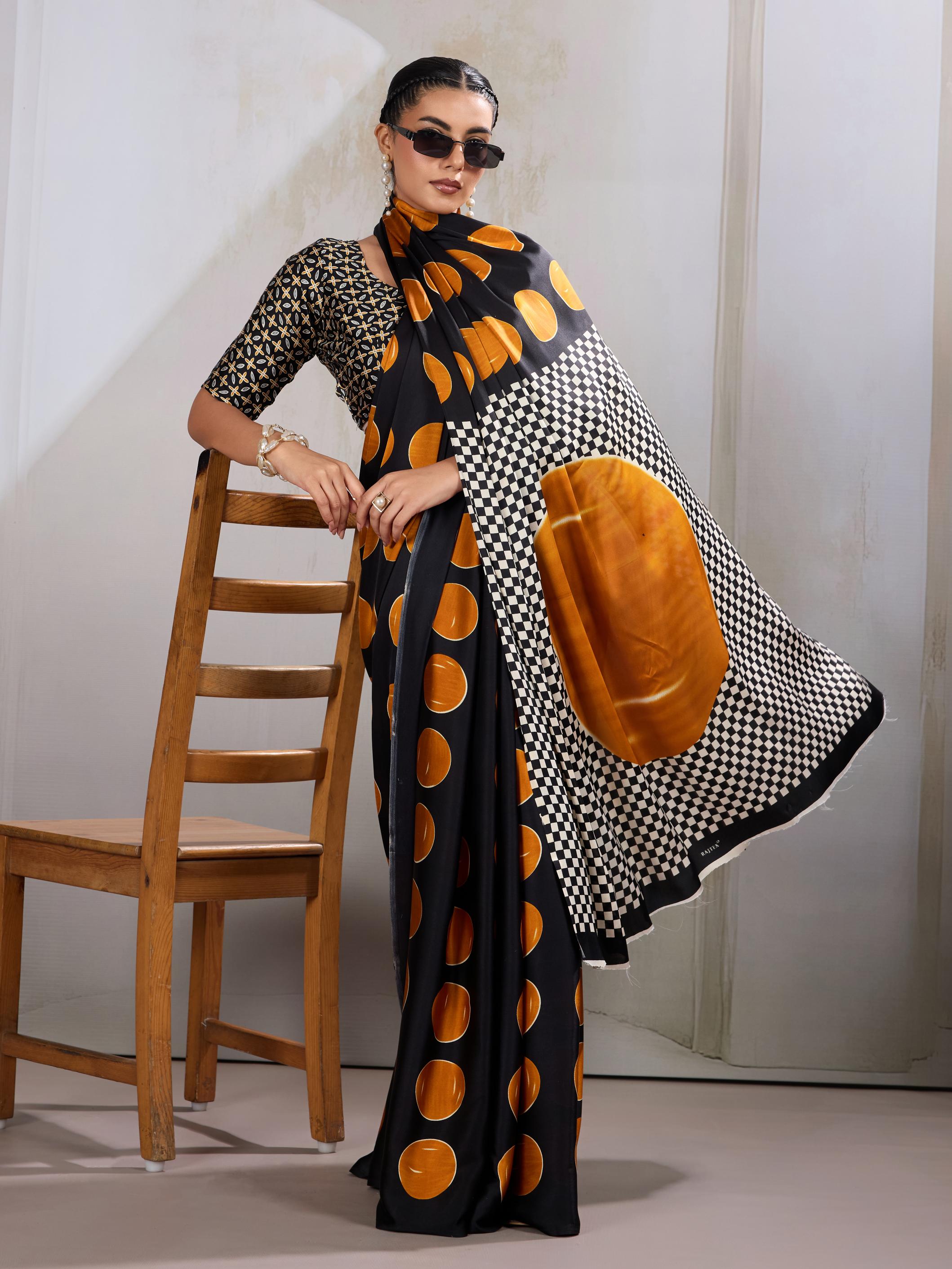 Royal Yellow Ajrakh Printed Satin Crepe Silk Saree