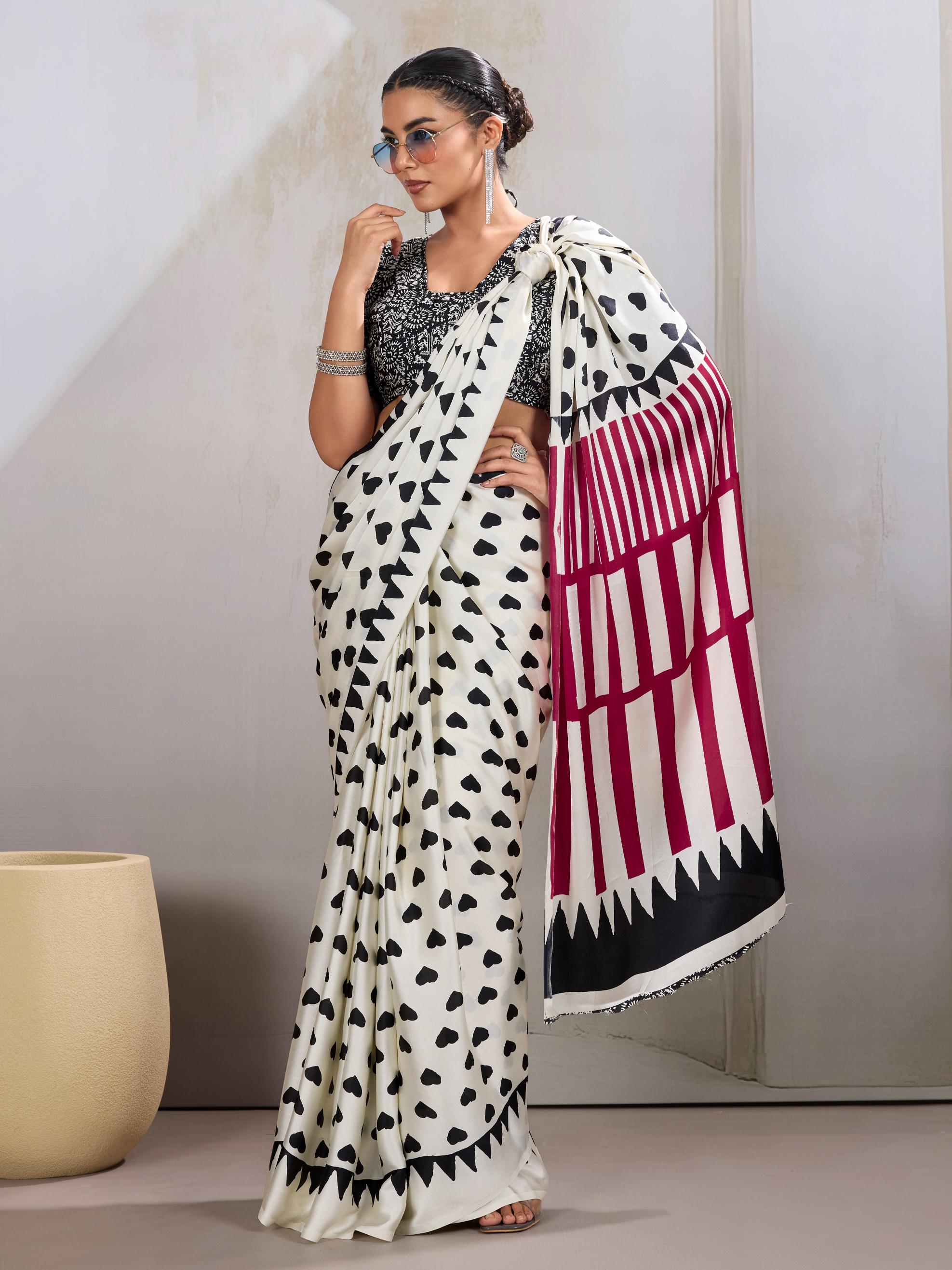 Powder White Ajrakh Printed Satin Crepe Silk Saree