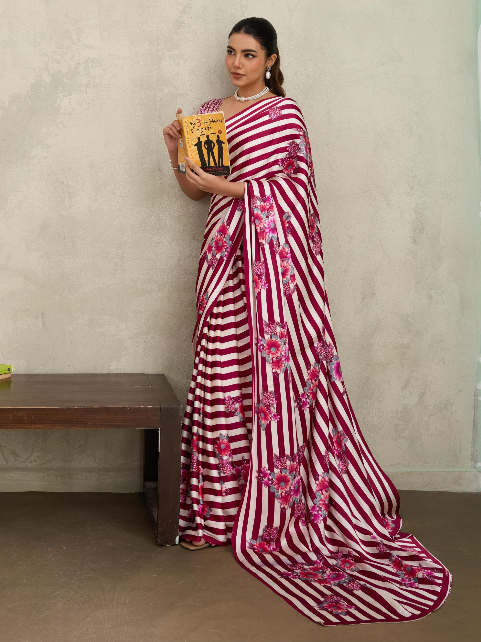 Jam Wine Ajrakh Printed Satin Crepe Soft Silk Saree With Blouse