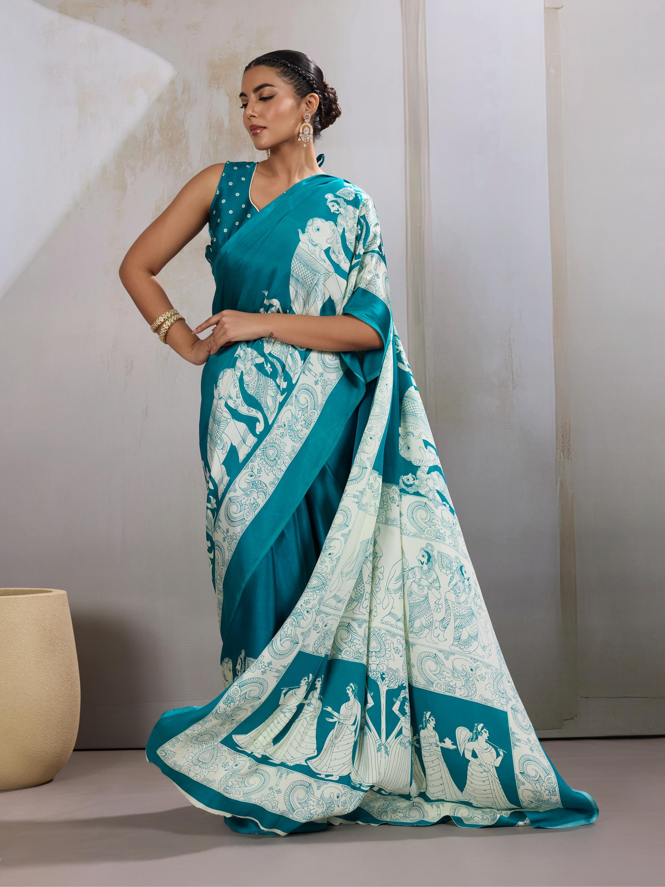 Arctic Rama Ajrakh Printed Satin Crepe Silk Saree