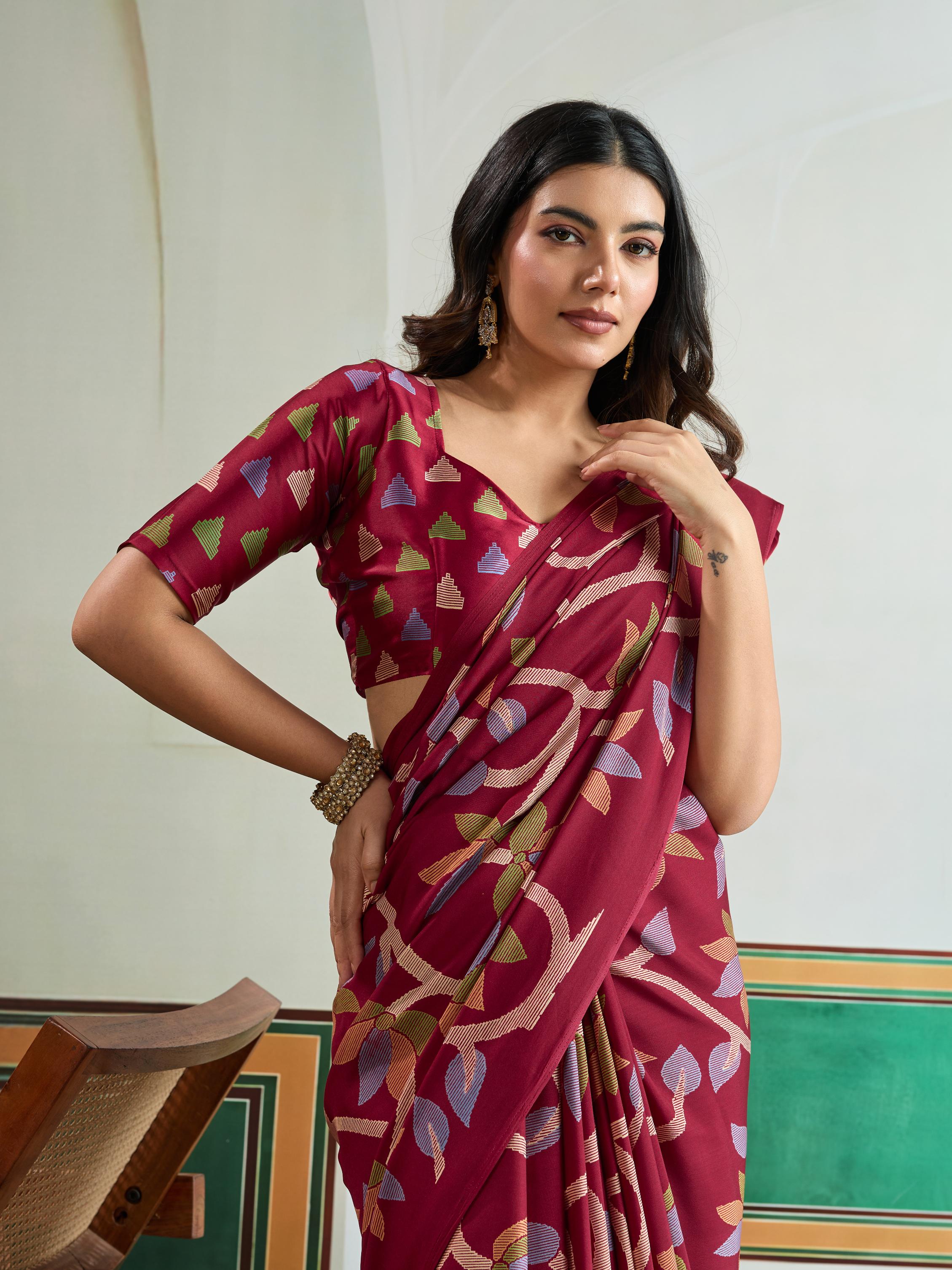 Claret Maroon Modal Ajrakh Printed Satin Silk Saree