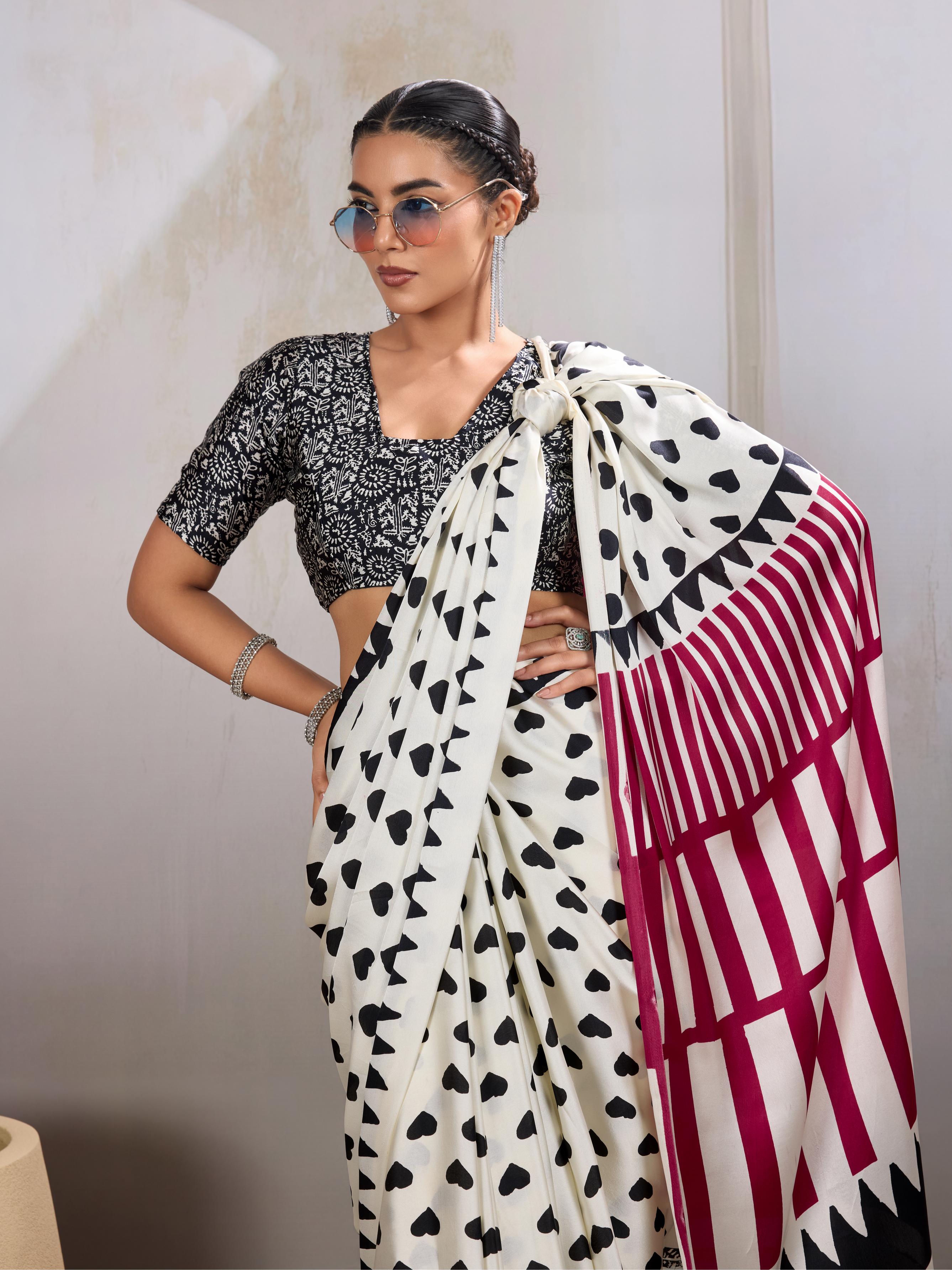 Powder White Ajrakh Printed Satin Crepe Silk Saree