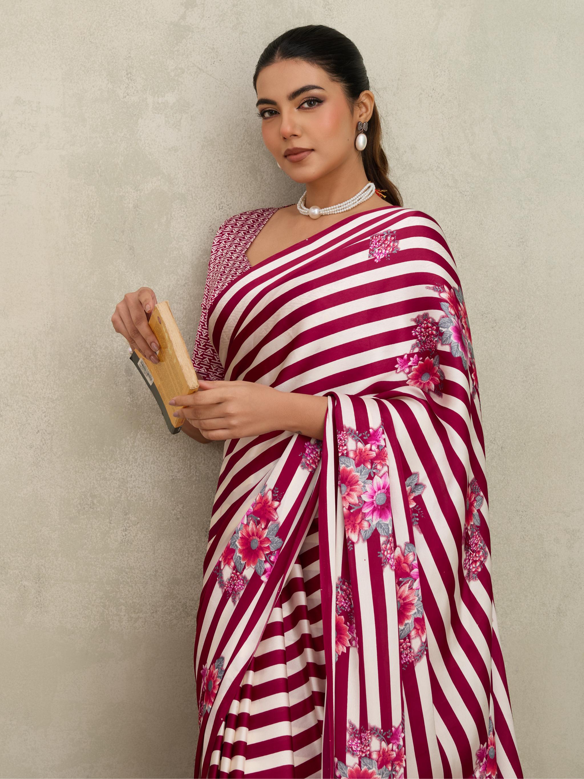 Jam Wine Ajrakh Printed Satin Crepe Soft Silk Saree With Blouse