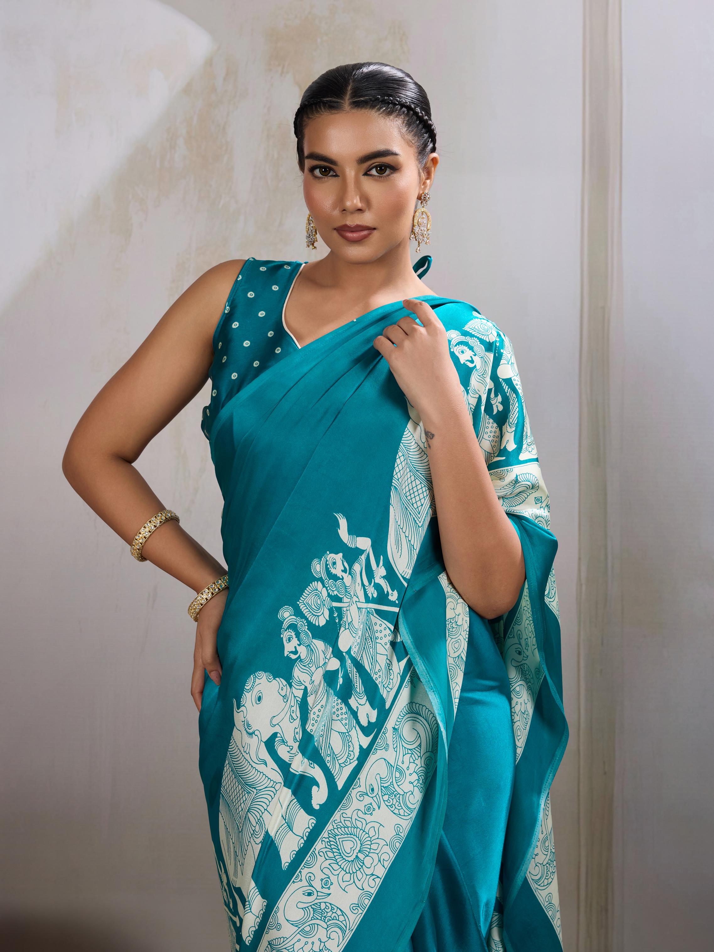 Arctic Rama Ajrakh Printed Satin Crepe Silk Saree