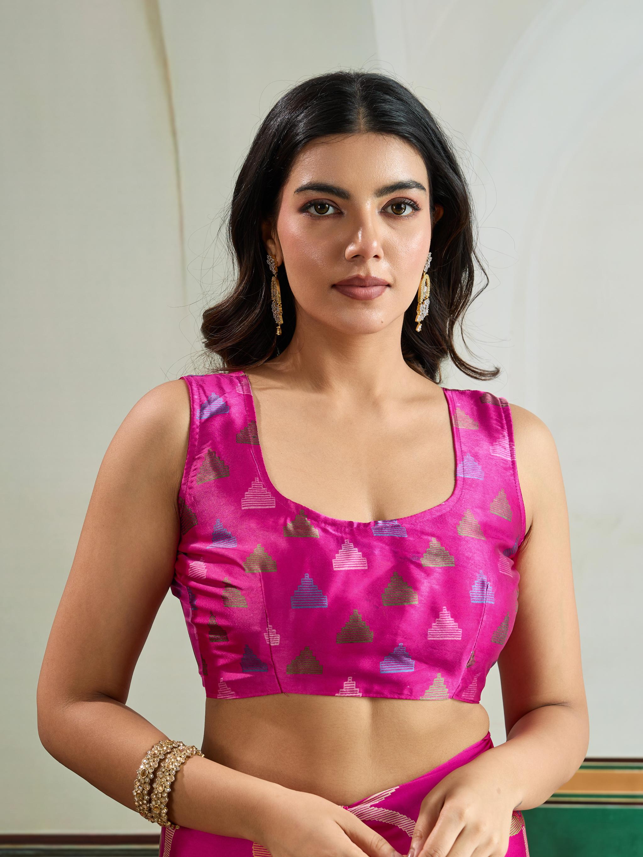 Deep Pink Modal Ajrakh Printed Satin Silk Saree