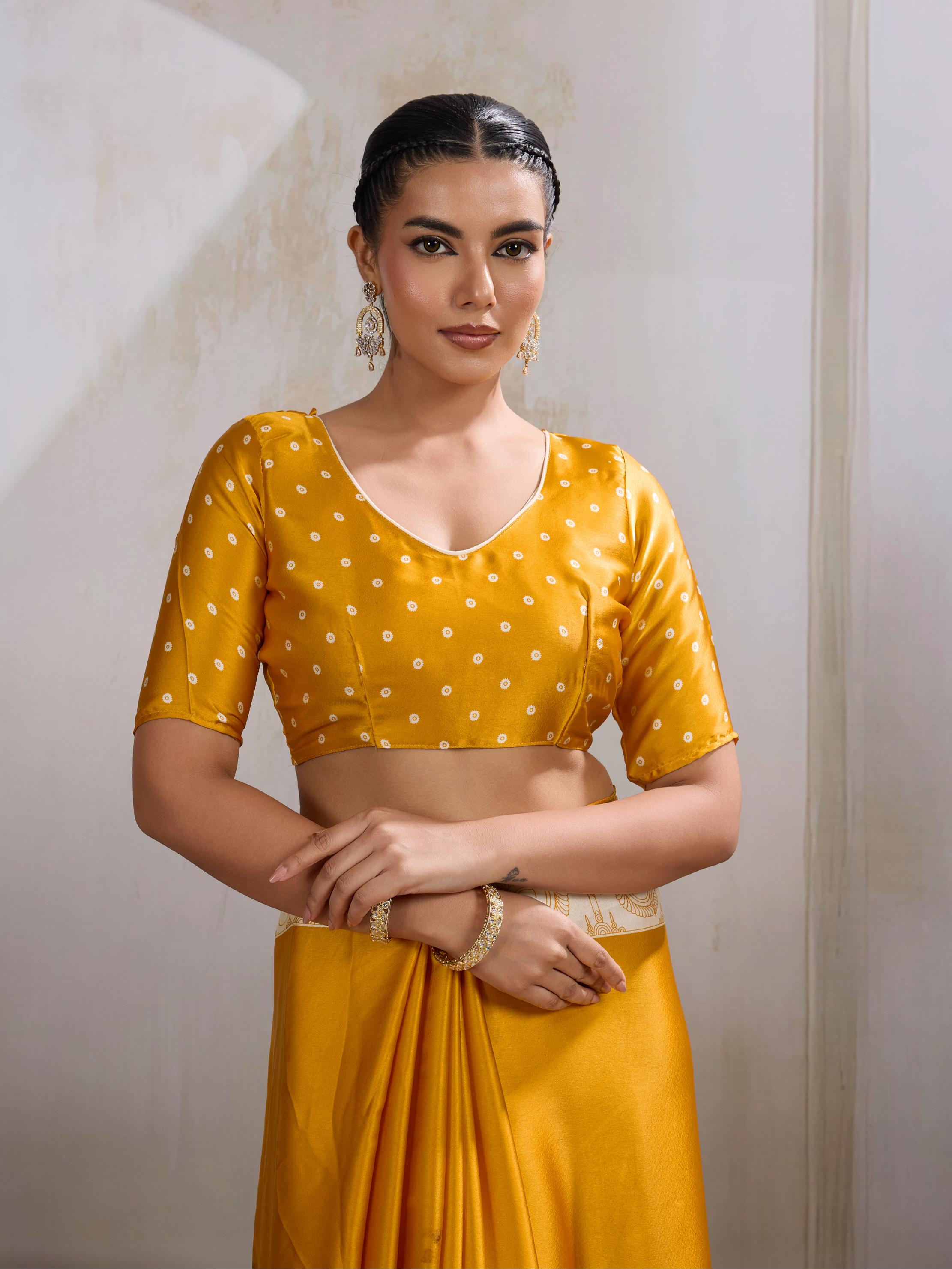 Imperial Yellow Ajrakh Printed Satin Crepe Silk Saree