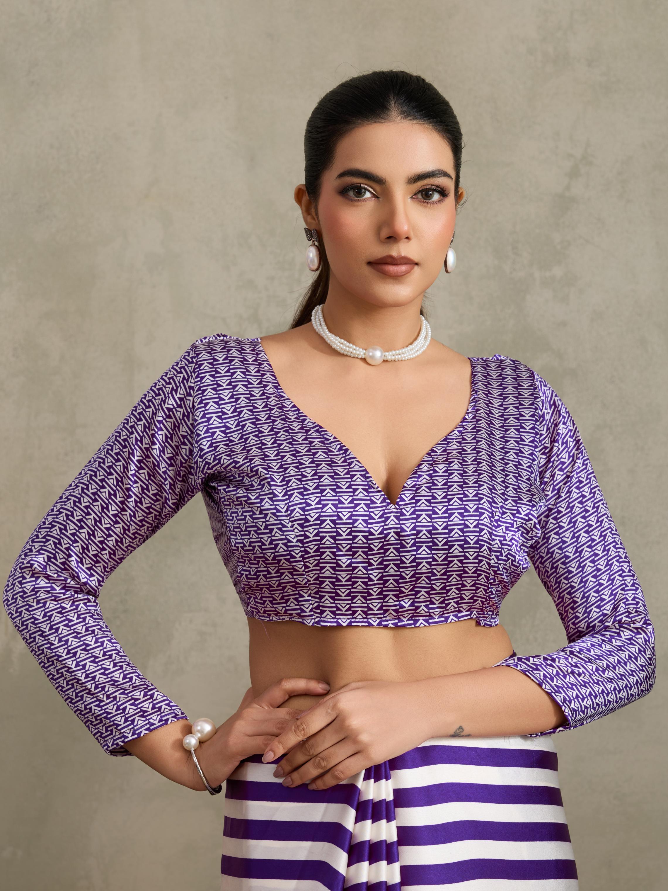 Heather Purple Ajrakh Printed Satin Crepe Soft Silk Saree With Blouse