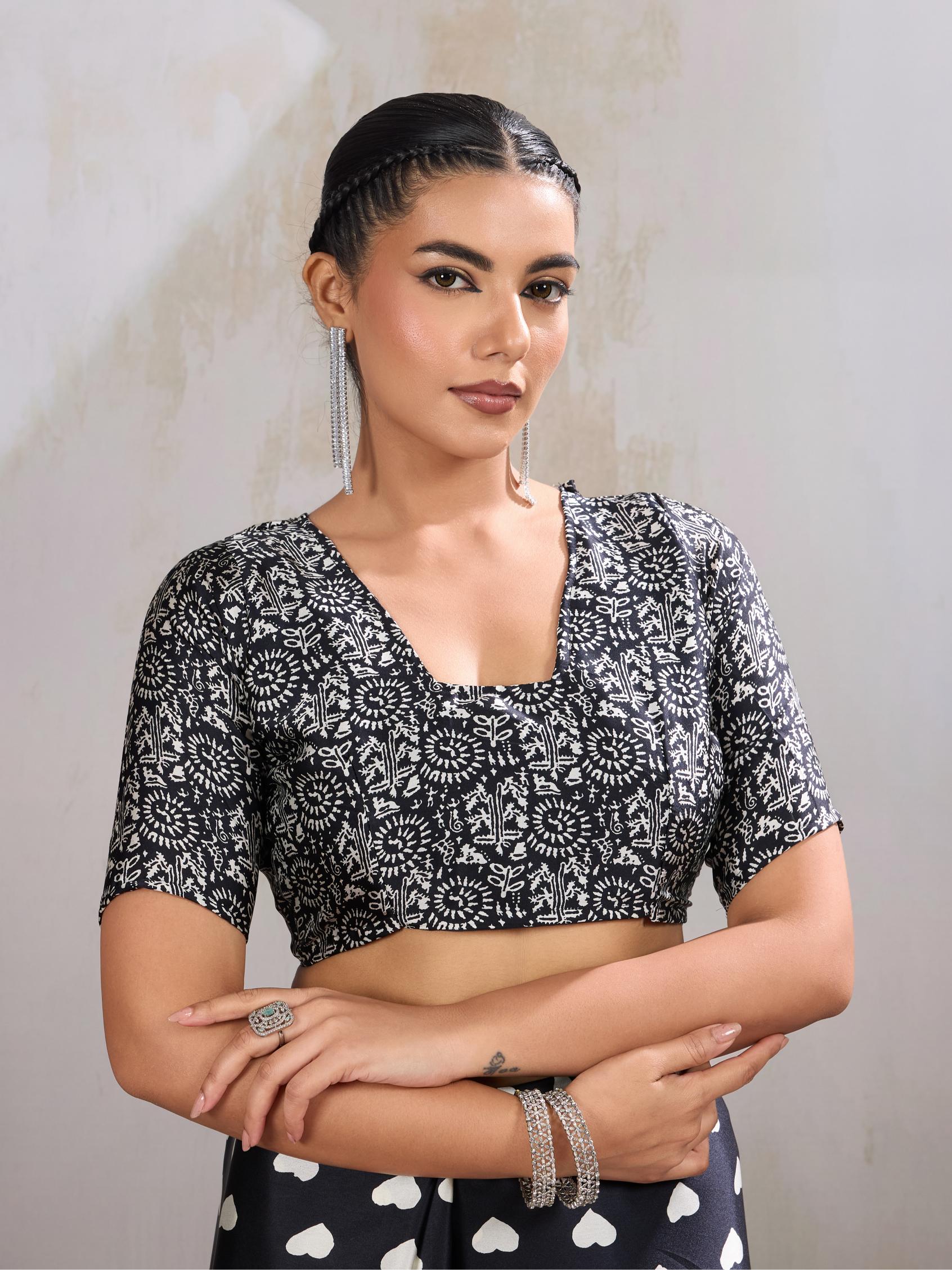 Pitch Black Ajrakh Printed Satin Crepe Silk Saree