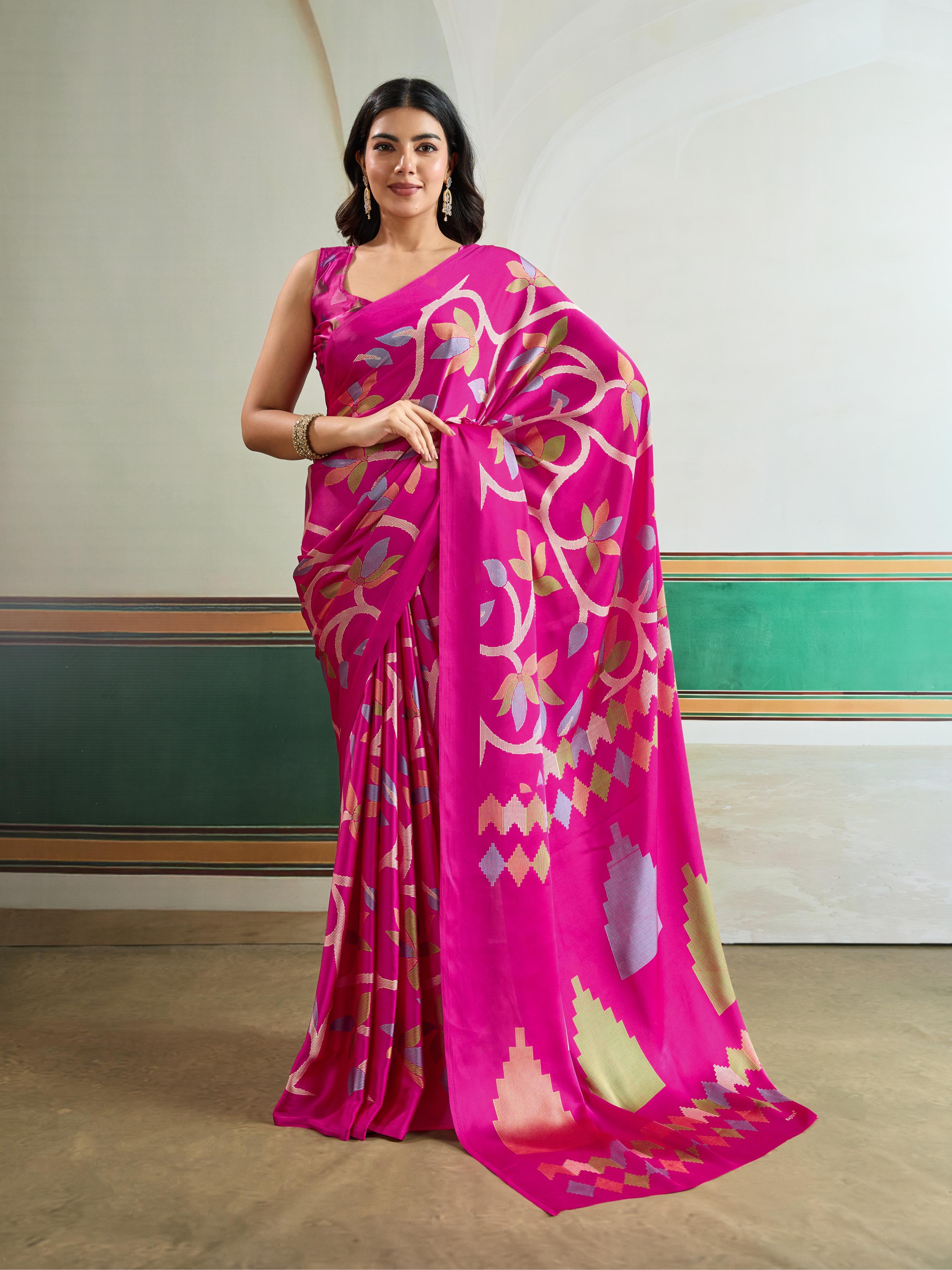 Deep Pink Modal Ajrakh Printed Satin Silk Saree