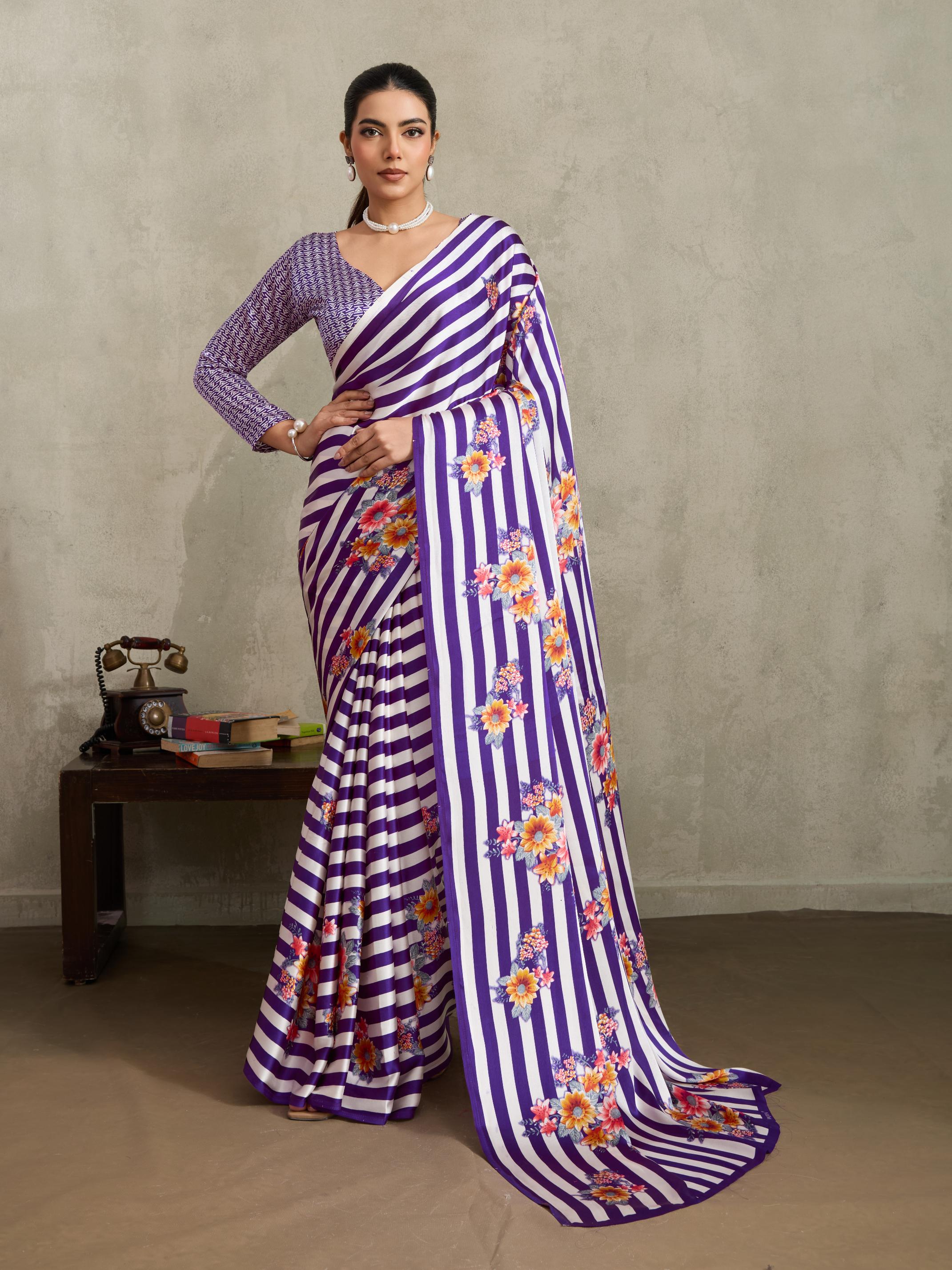 Heather Purple Ajrakh Printed Satin Crepe Soft Silk Saree With Blouse