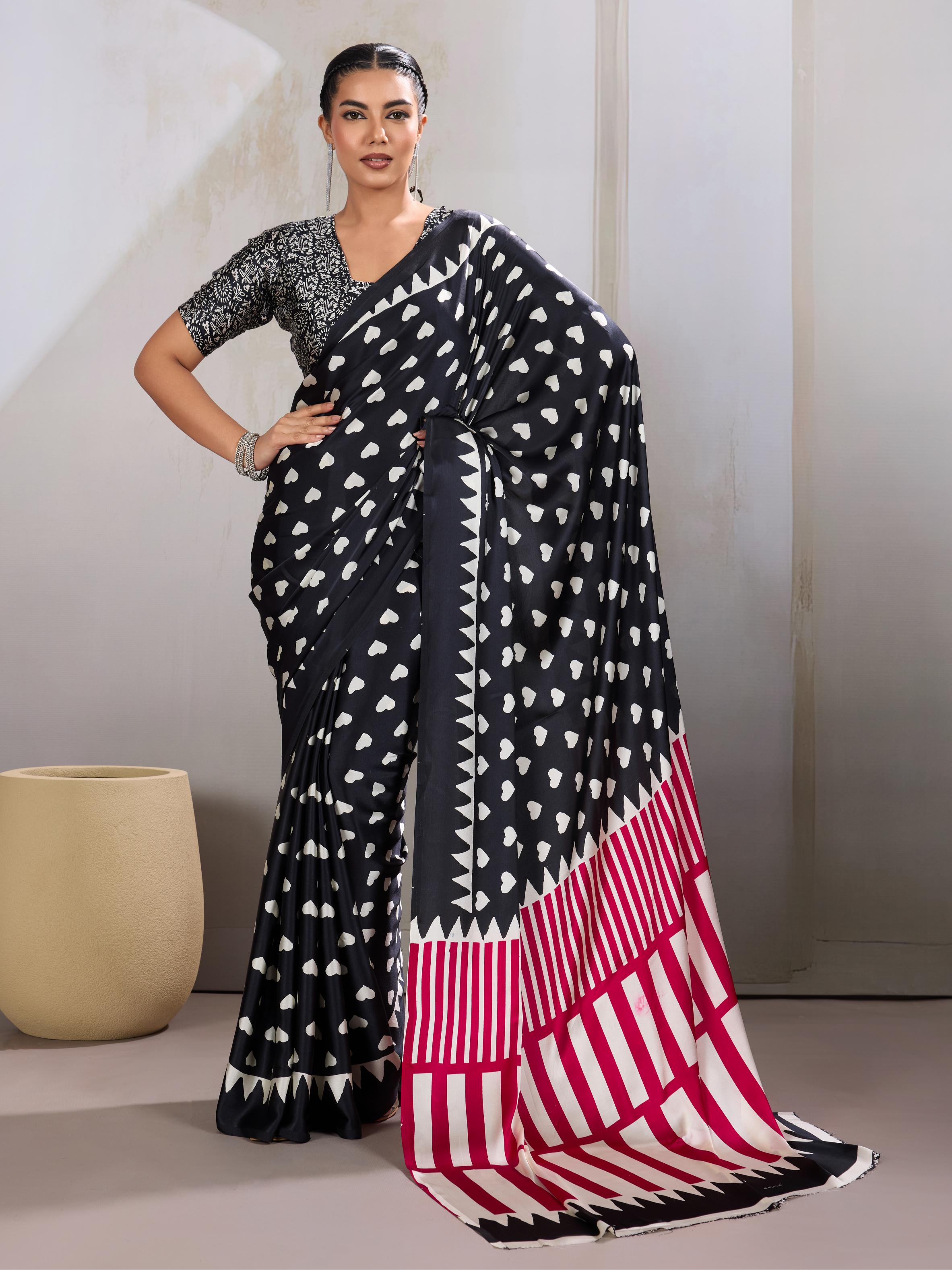 Pitch Black Ajrakh Printed Satin Crepe Silk Saree