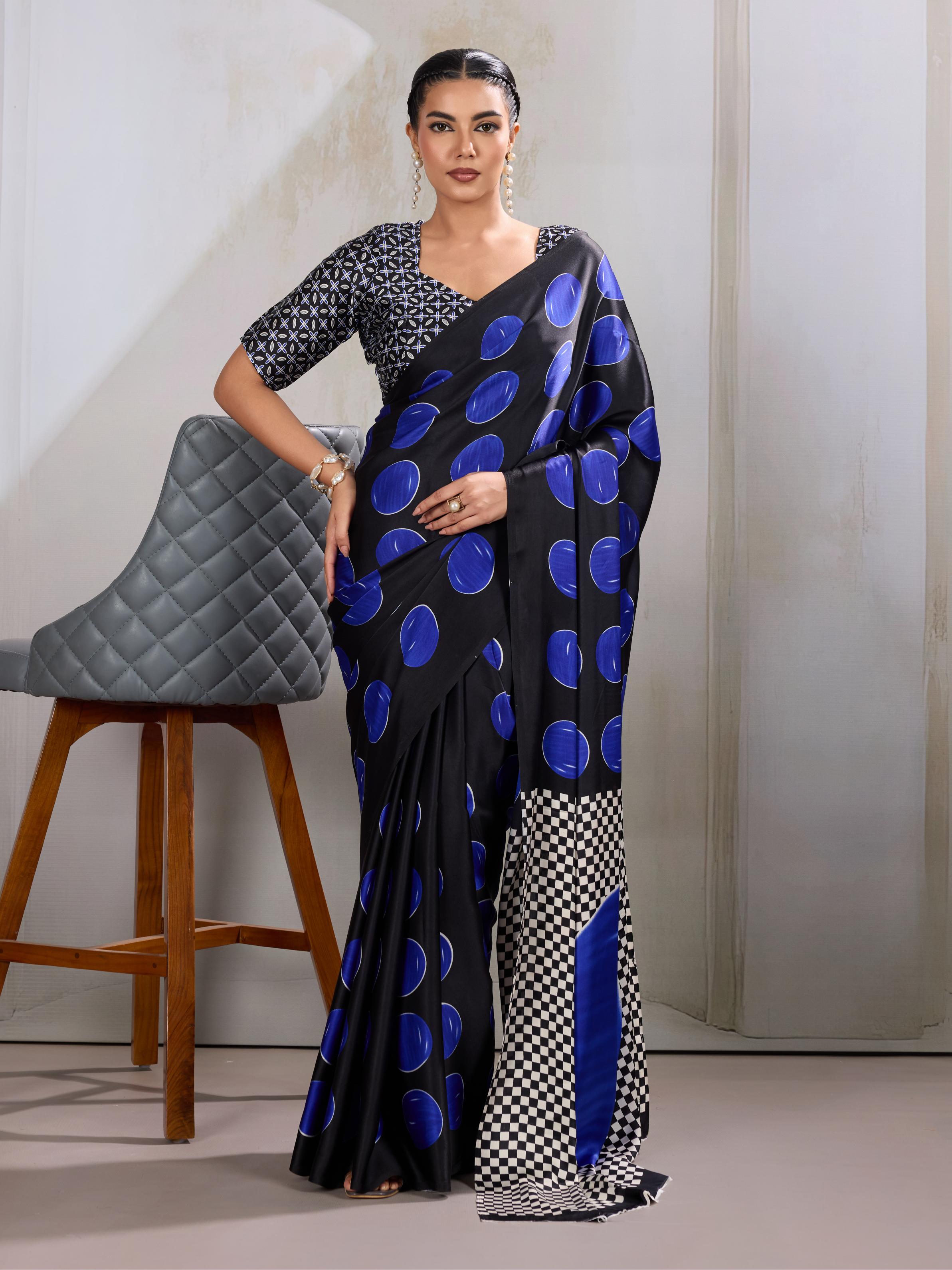 French Blue Ajrakh Printed Satin Crepe Silk Saree