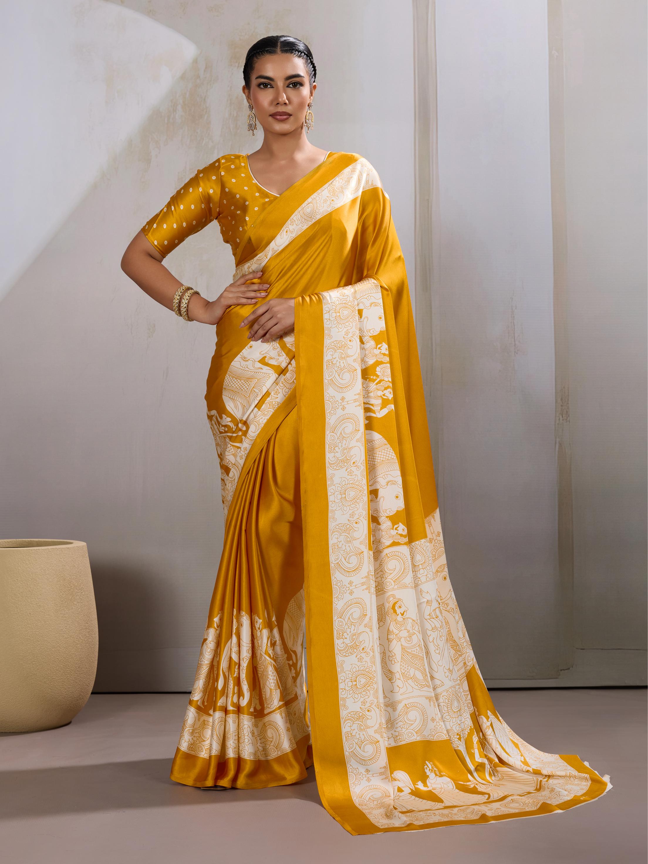 Imperial Yellow Ajrakh Printed Satin Crepe Silk Saree