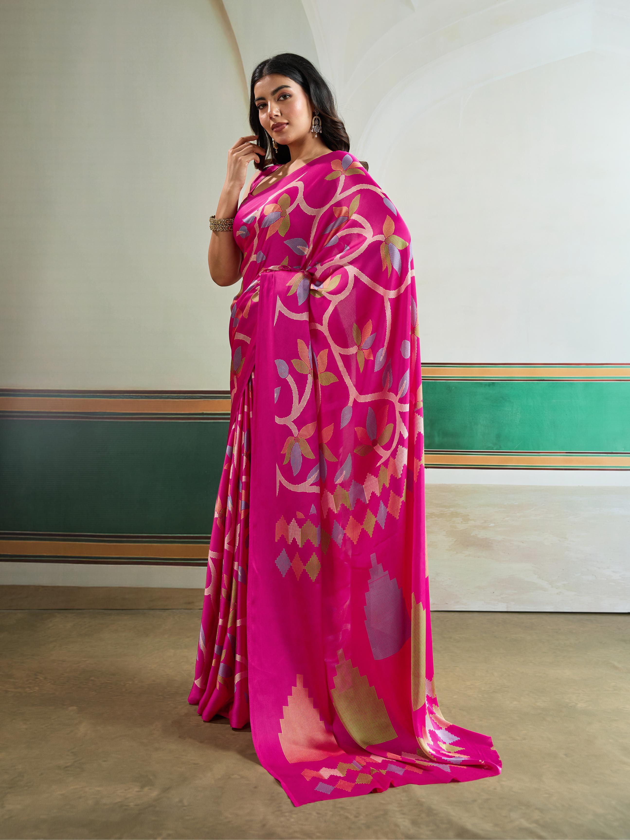 Deep Pink Modal Ajrakh Printed Satin Silk Saree