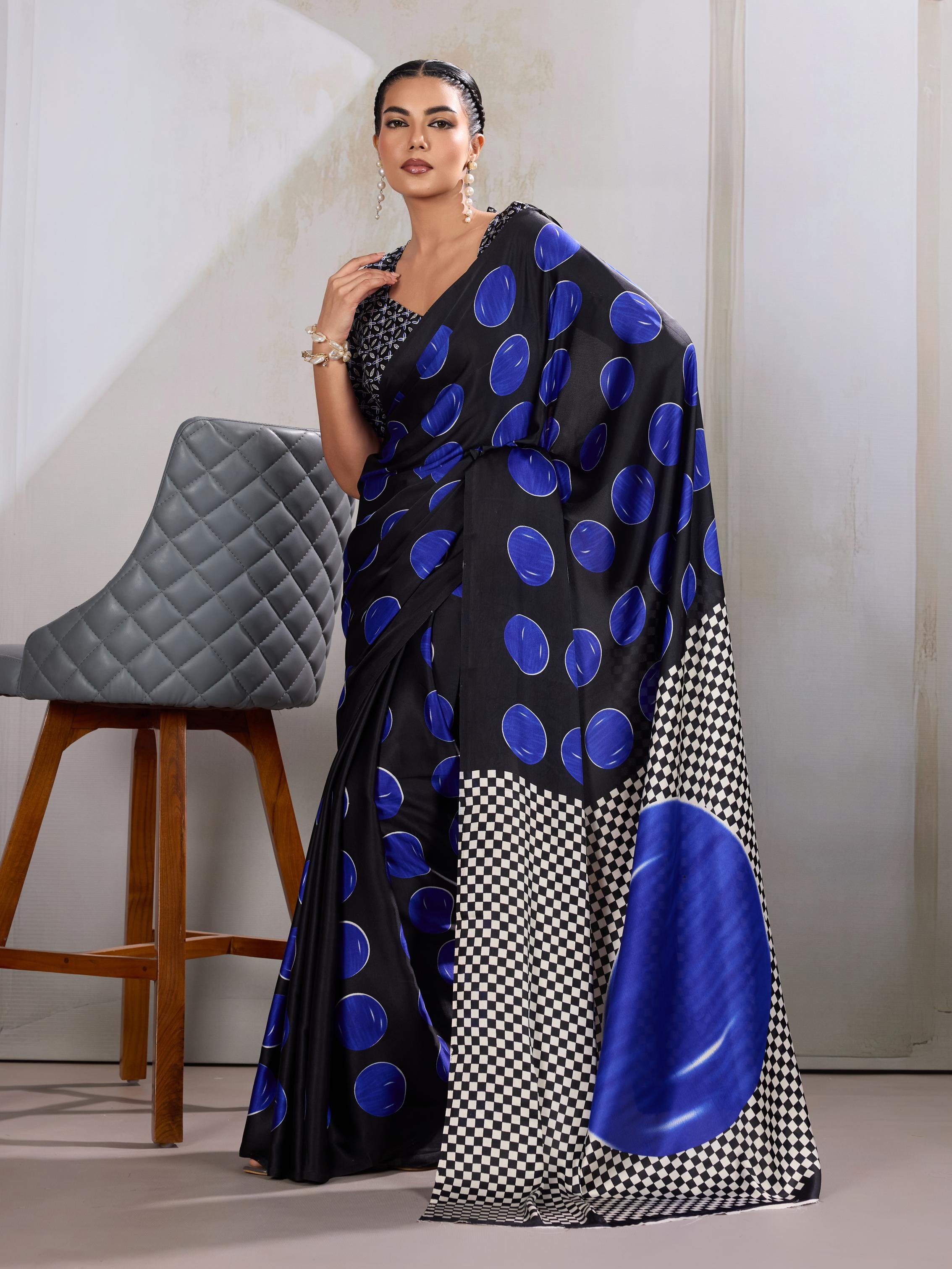 French Blue Ajrakh Printed Satin Crepe Silk Saree
