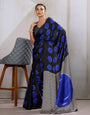 French Blue Ajrakh Printed Satin Crepe Silk Saree