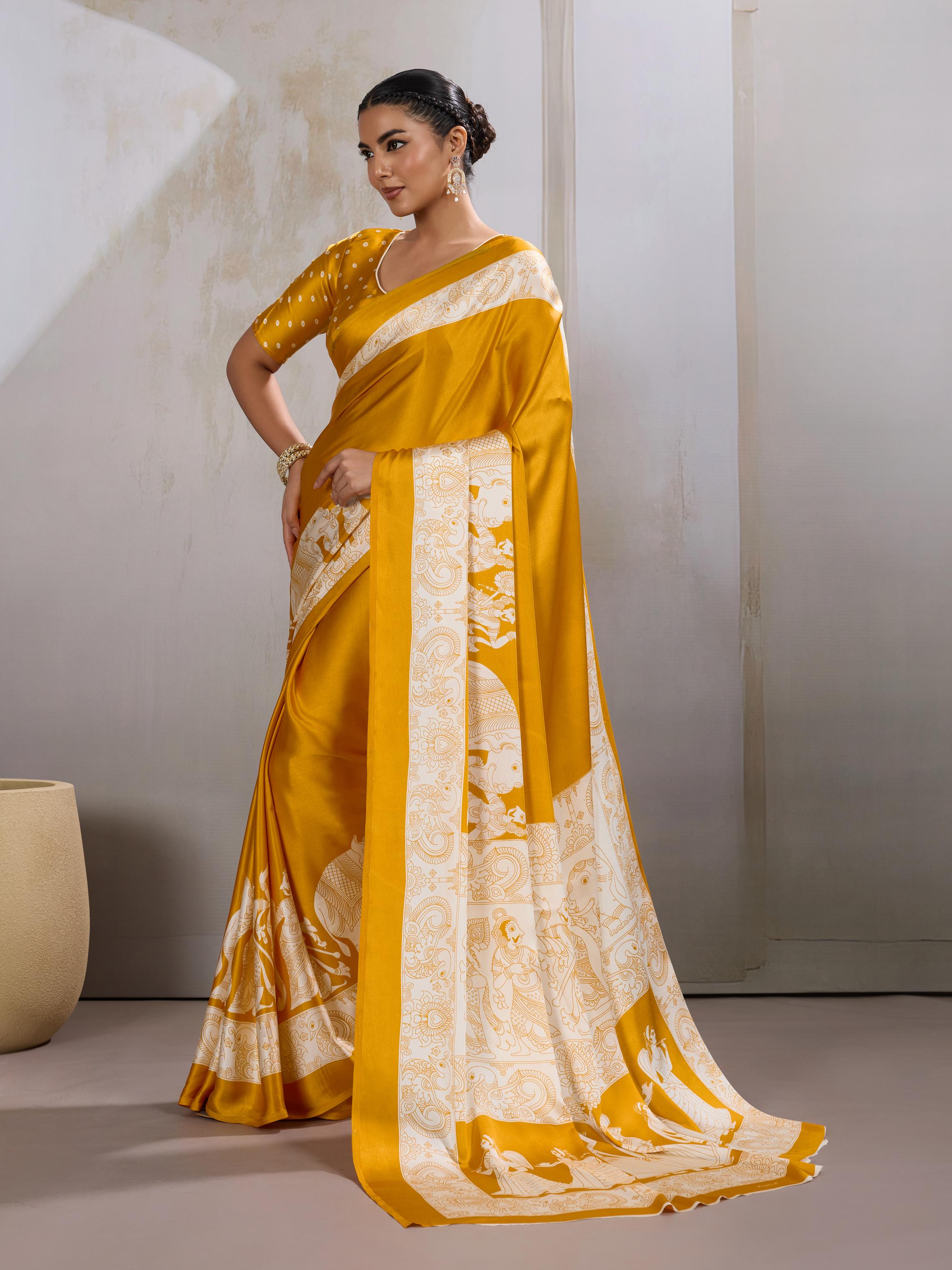 Imperial Yellow Ajrakh Printed Satin Crepe Silk Saree