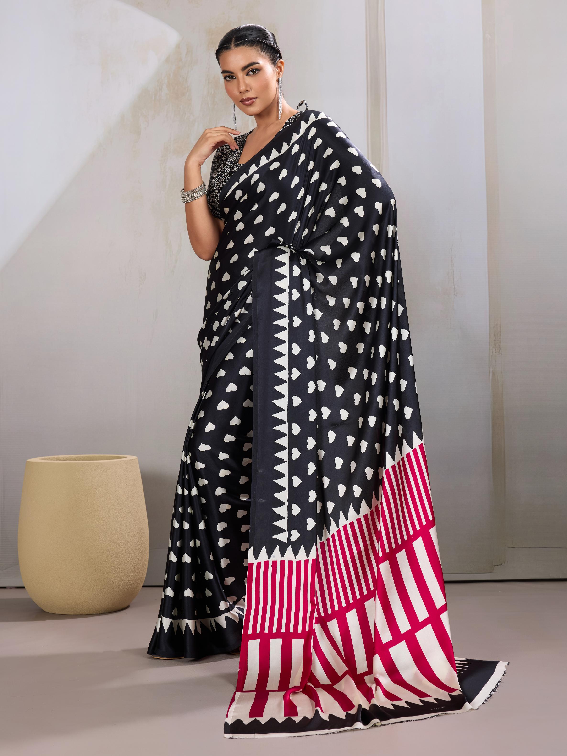 Pitch Black Ajrakh Printed Satin Crepe Silk Saree