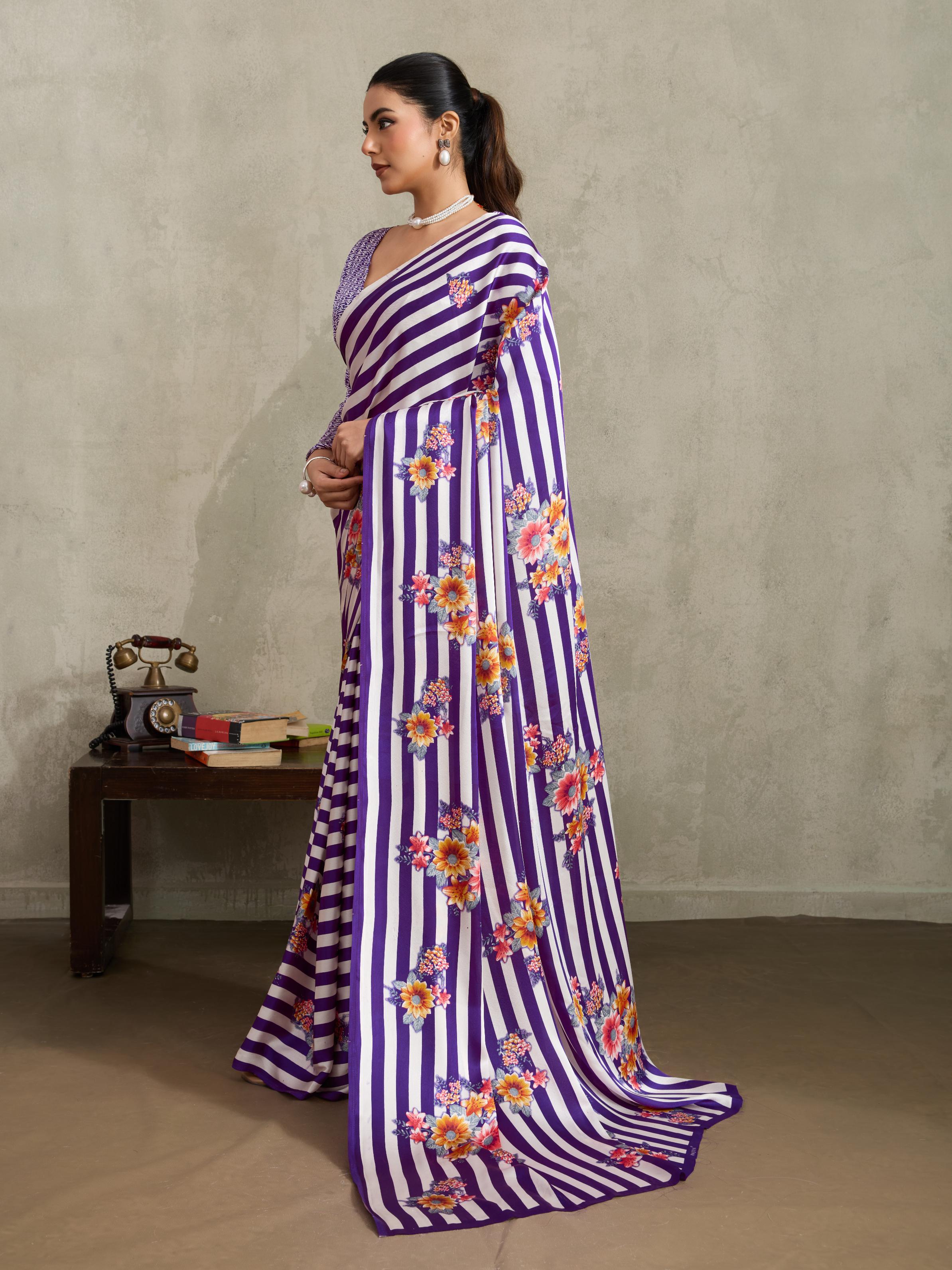Heather Purple Ajrakh Printed Satin Crepe Soft Silk Saree With Blouse
