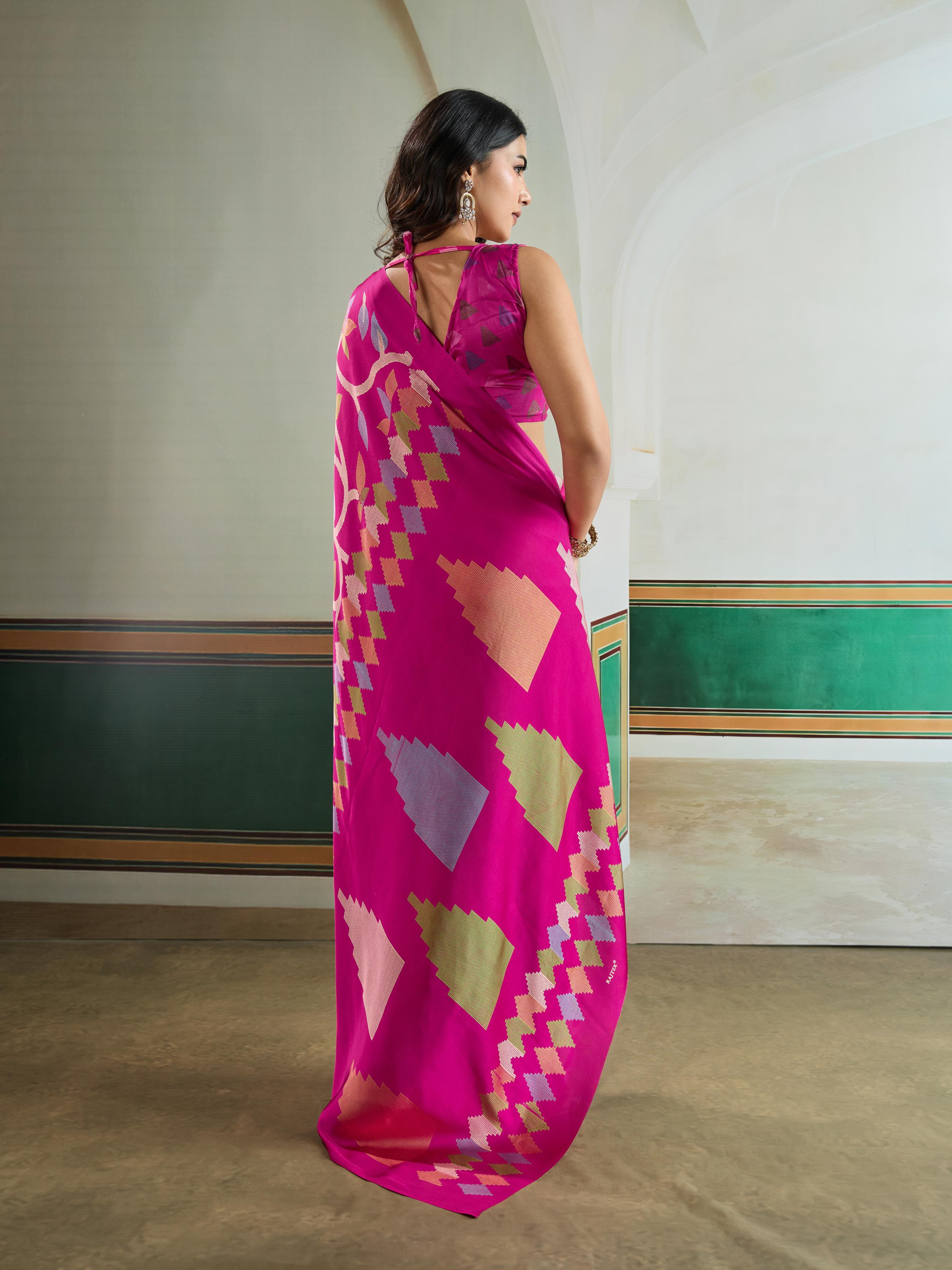 Deep Pink Modal Ajrakh Printed Satin Silk Saree
