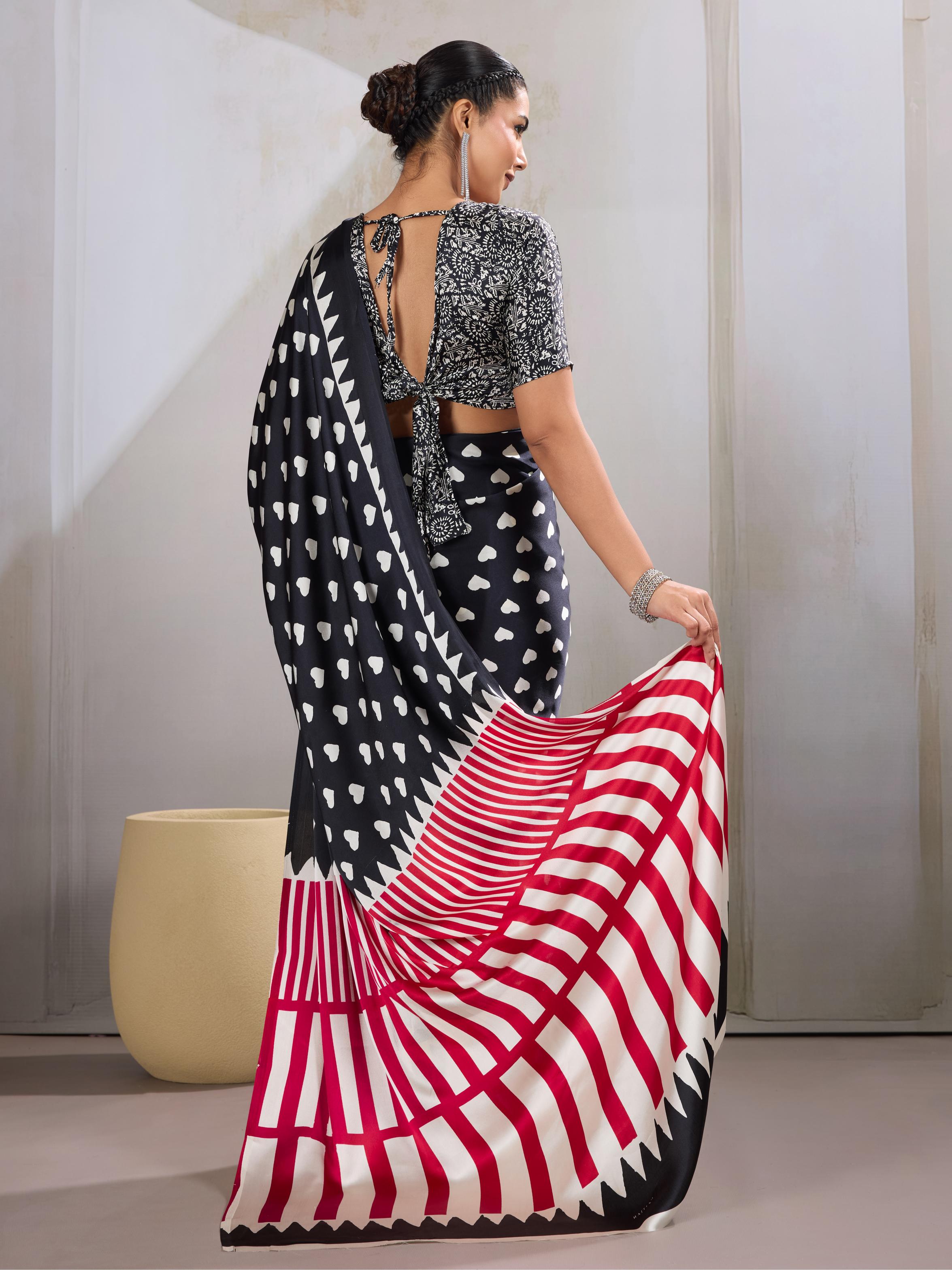 Pitch Black Ajrakh Printed Satin Crepe Silk Saree