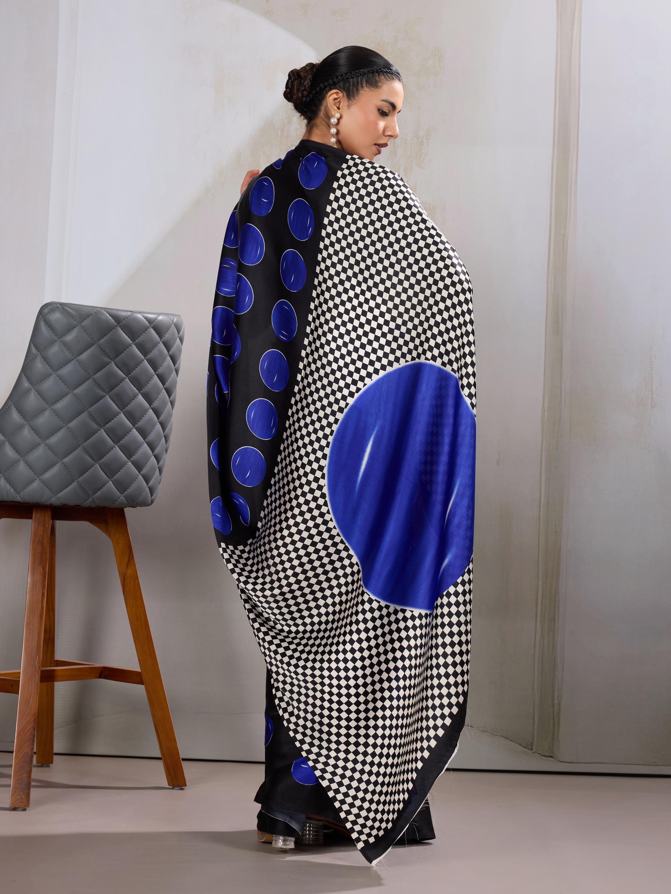French Blue Ajrakh Printed Satin Crepe Silk Saree