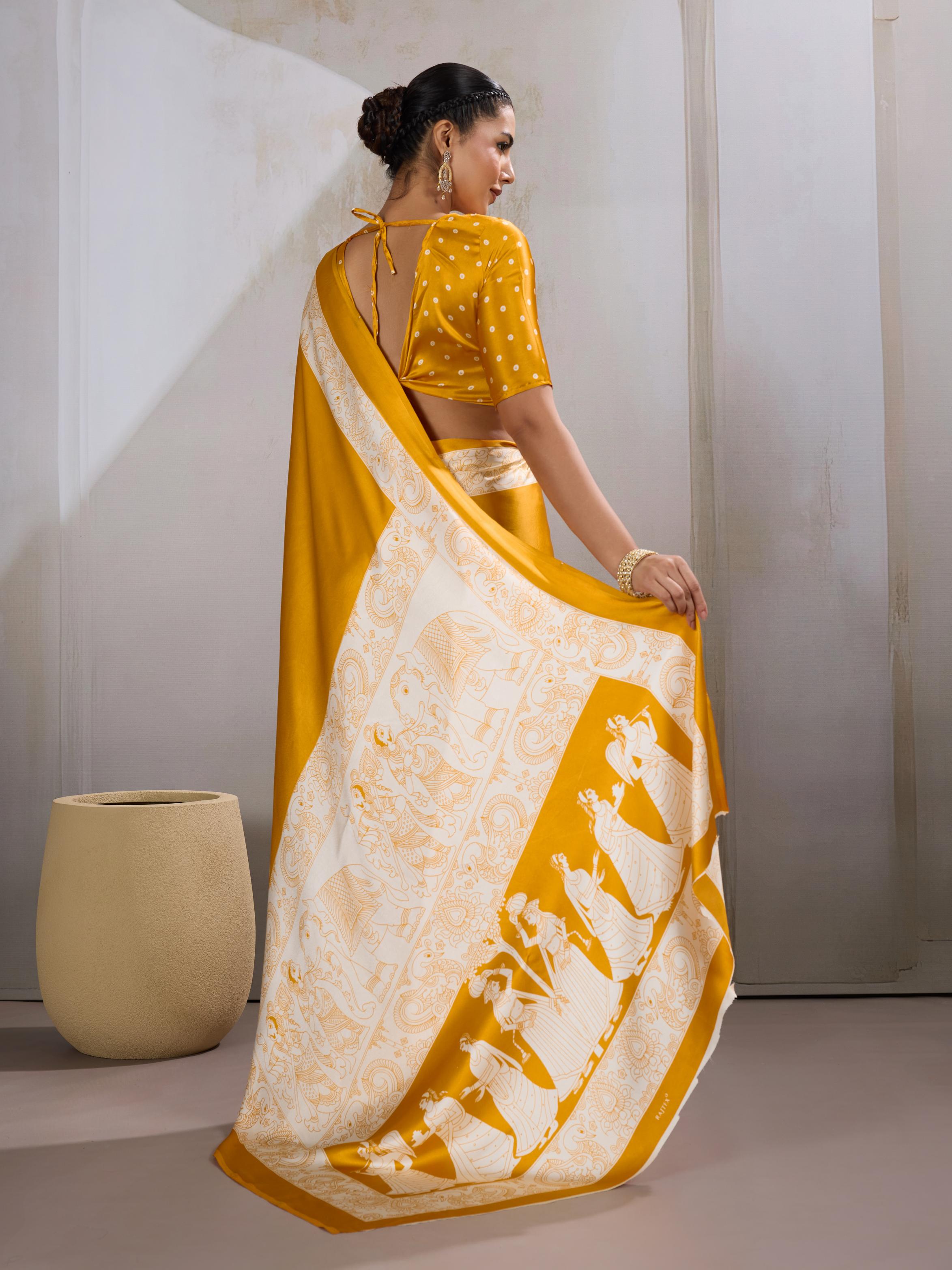 Imperial Yellow Ajrakh Printed Satin Crepe Silk Saree