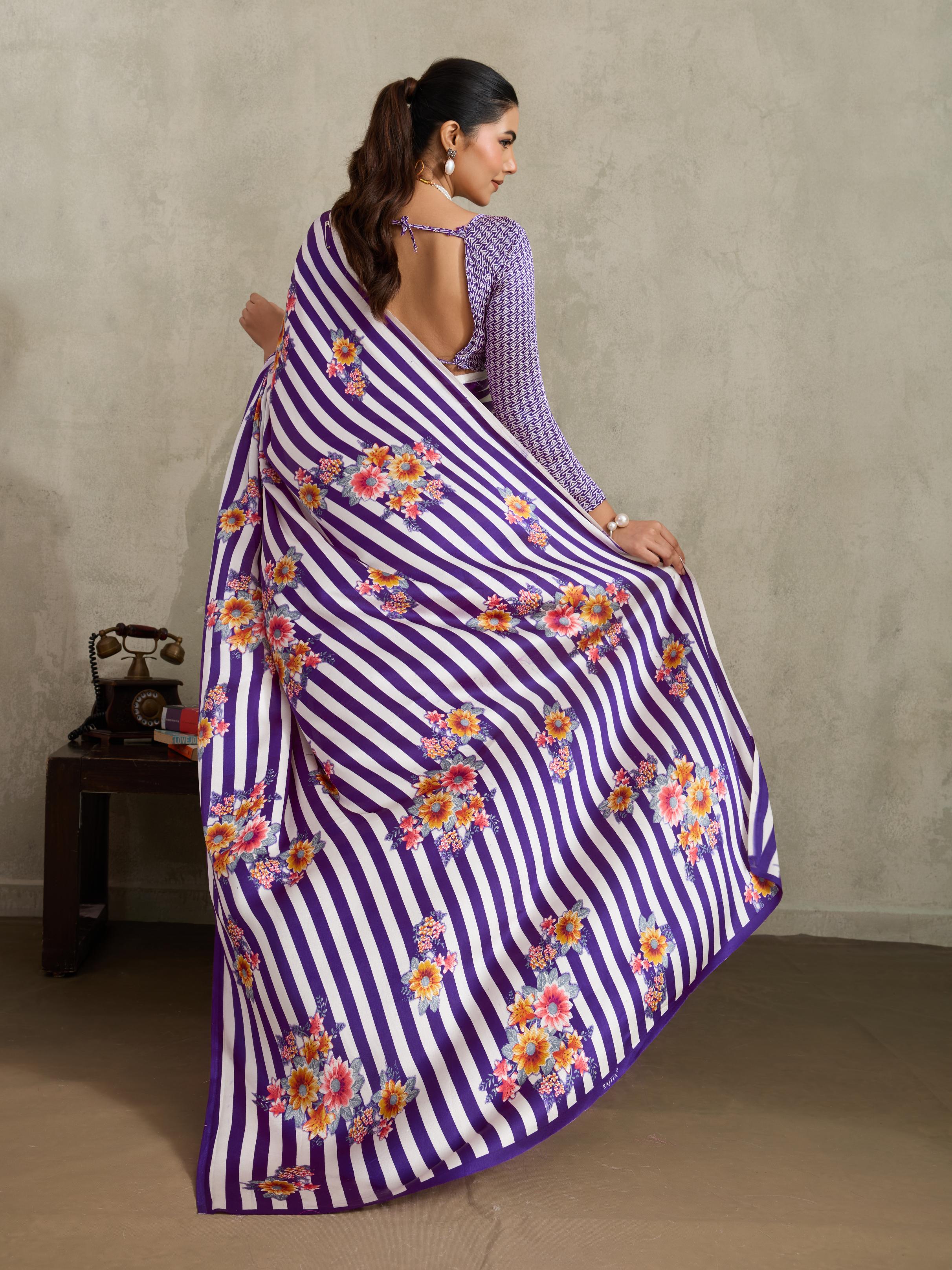 Heather Purple Ajrakh Printed Satin Crepe Soft Silk Saree With Blouse