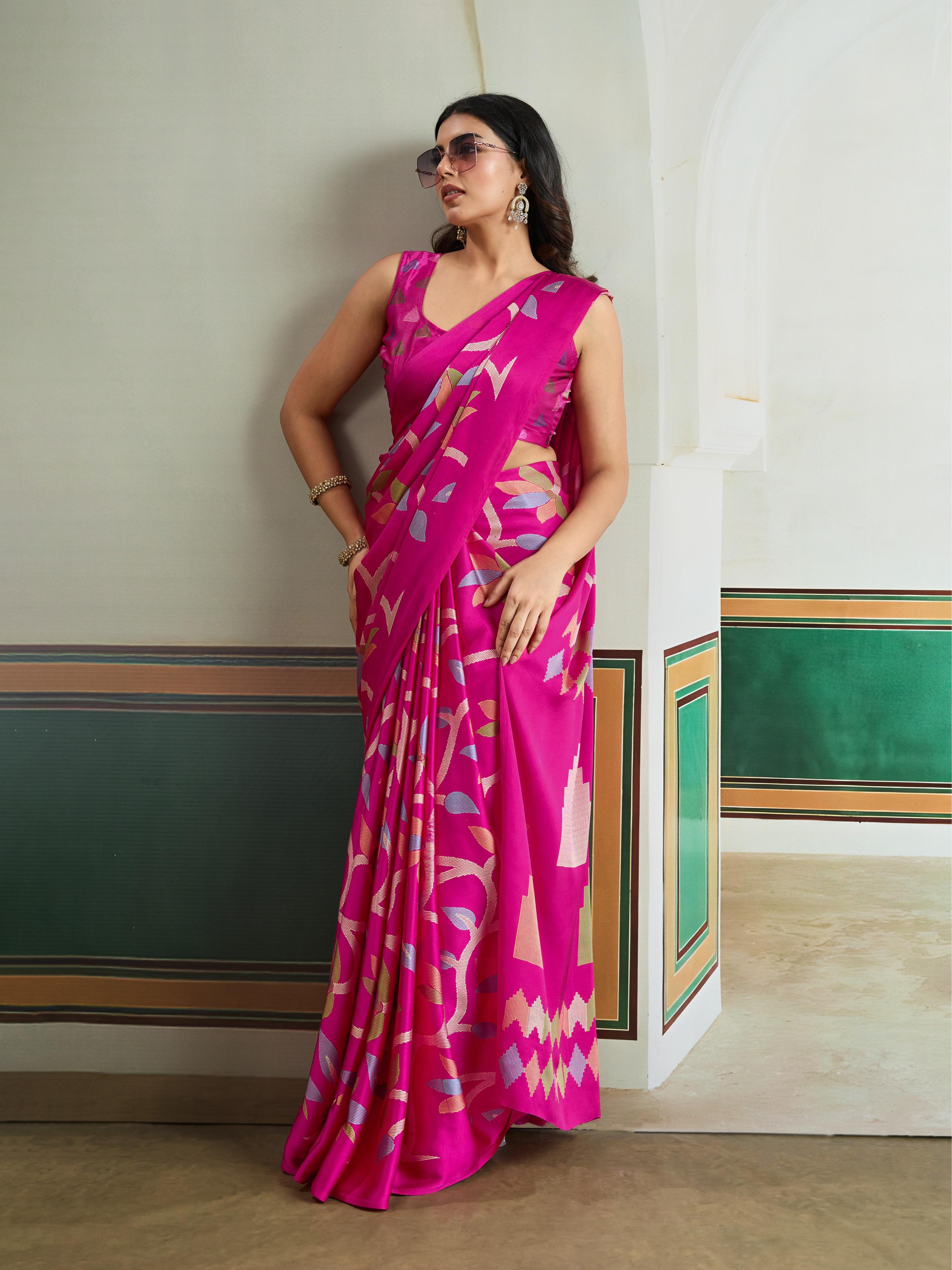 Deep Pink Modal Ajrakh Printed Satin Silk Saree