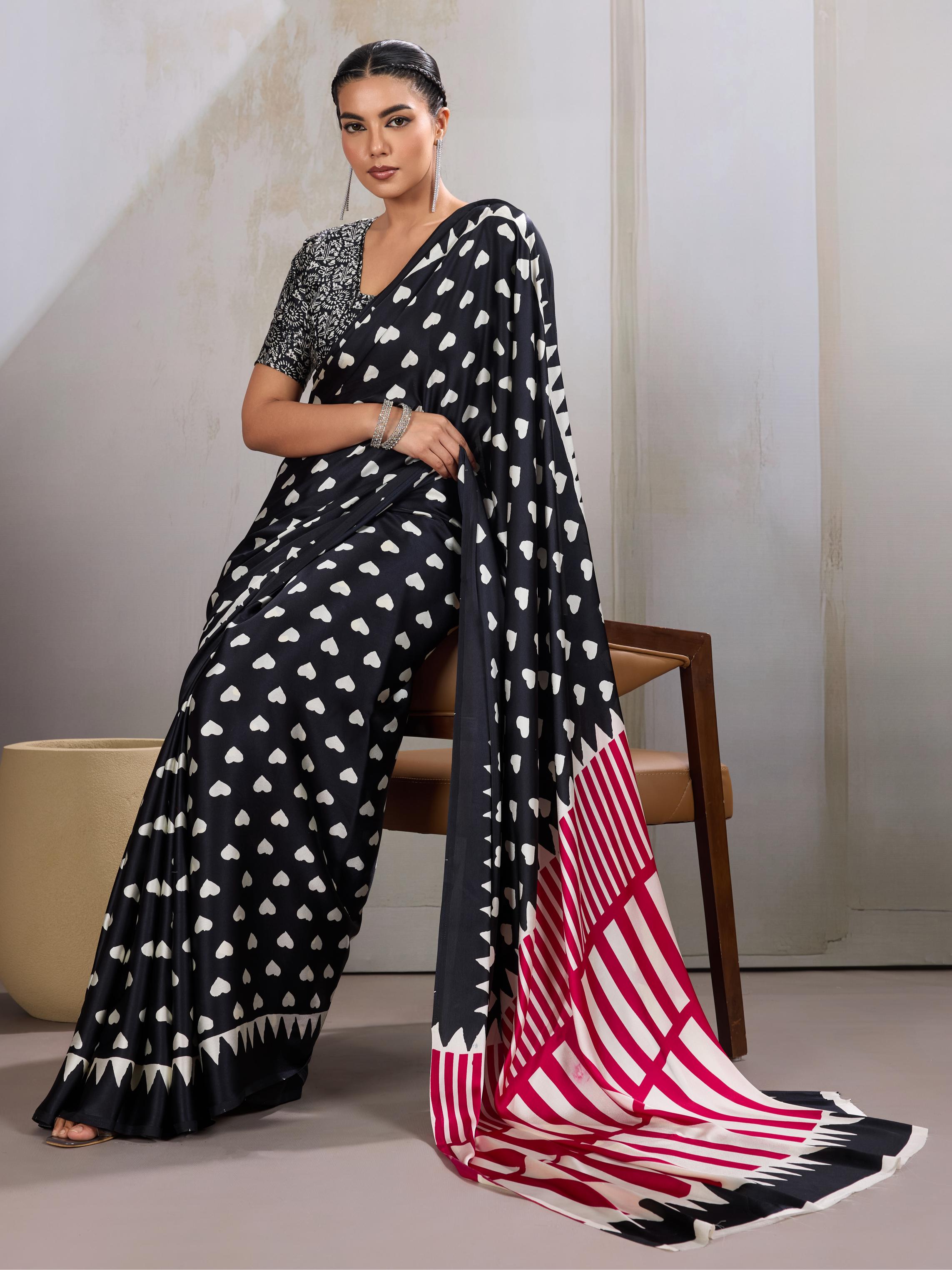 Pitch Black Ajrakh Printed Satin Crepe Silk Saree