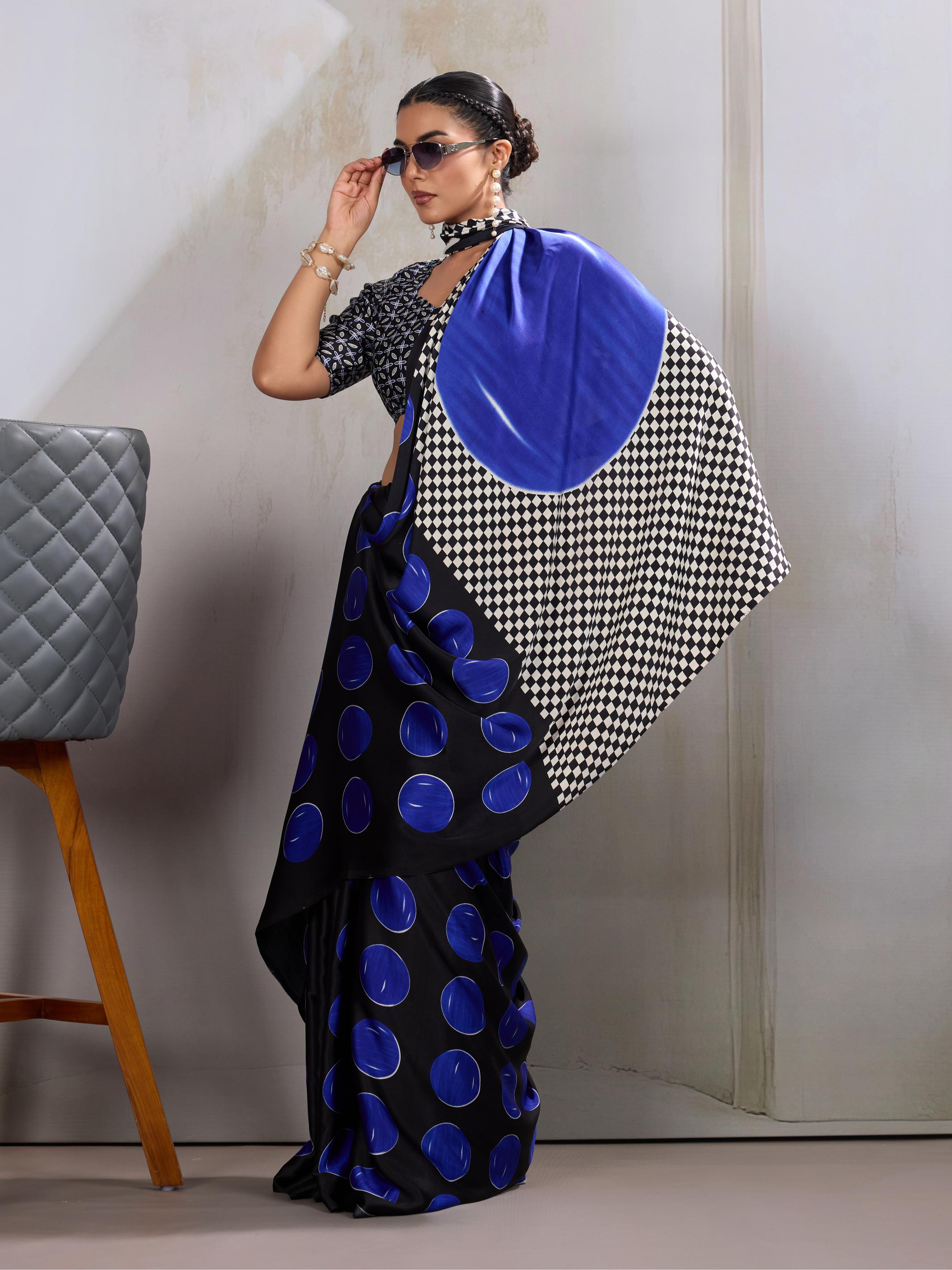 French Blue Ajrakh Printed Satin Crepe Silk Saree